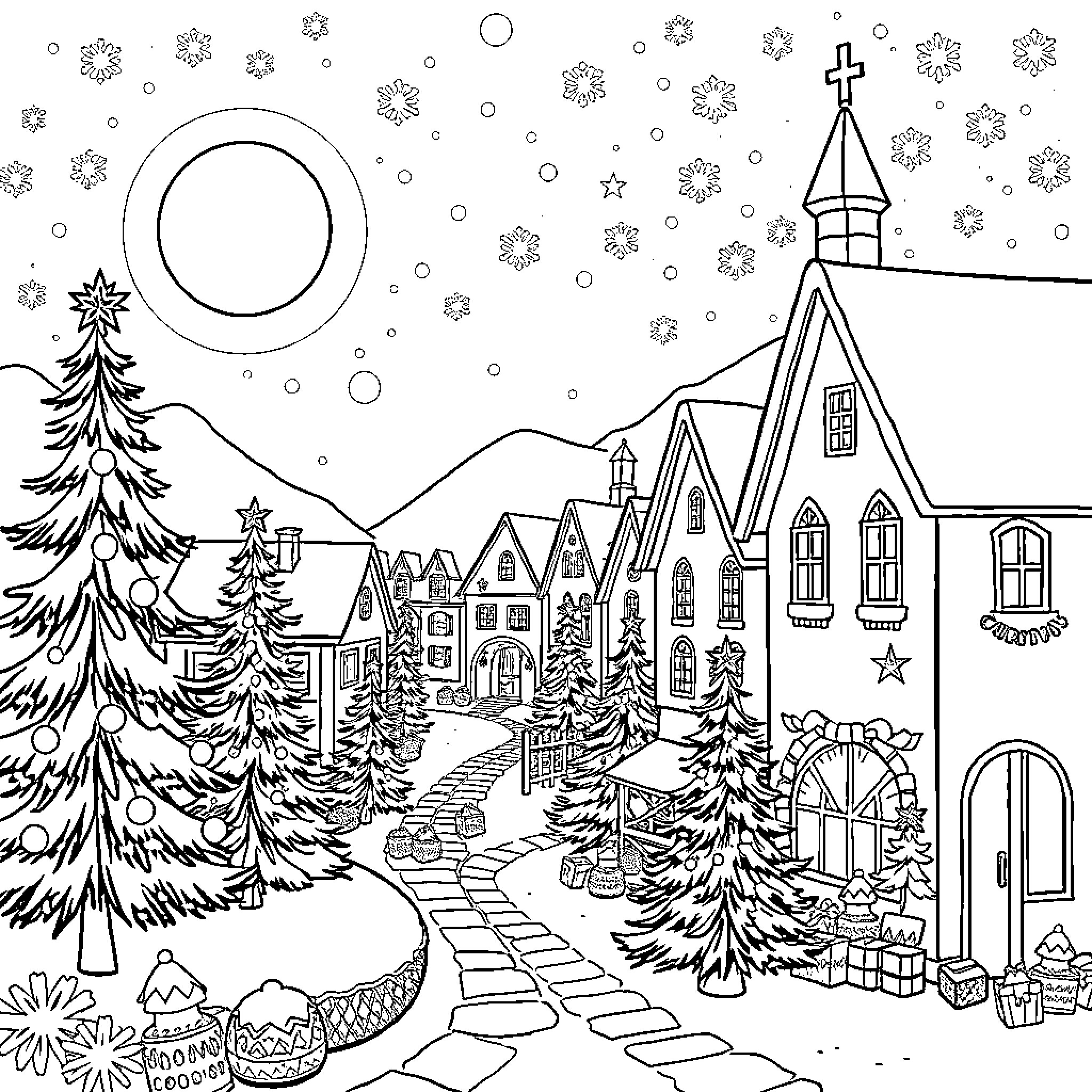 Christmas Village Scene with Snowy Landscape Coloring Page (free black-and-white line drawing printable PDF for all, from beginners to advanced learners, including children, teens, adults, and seniors)