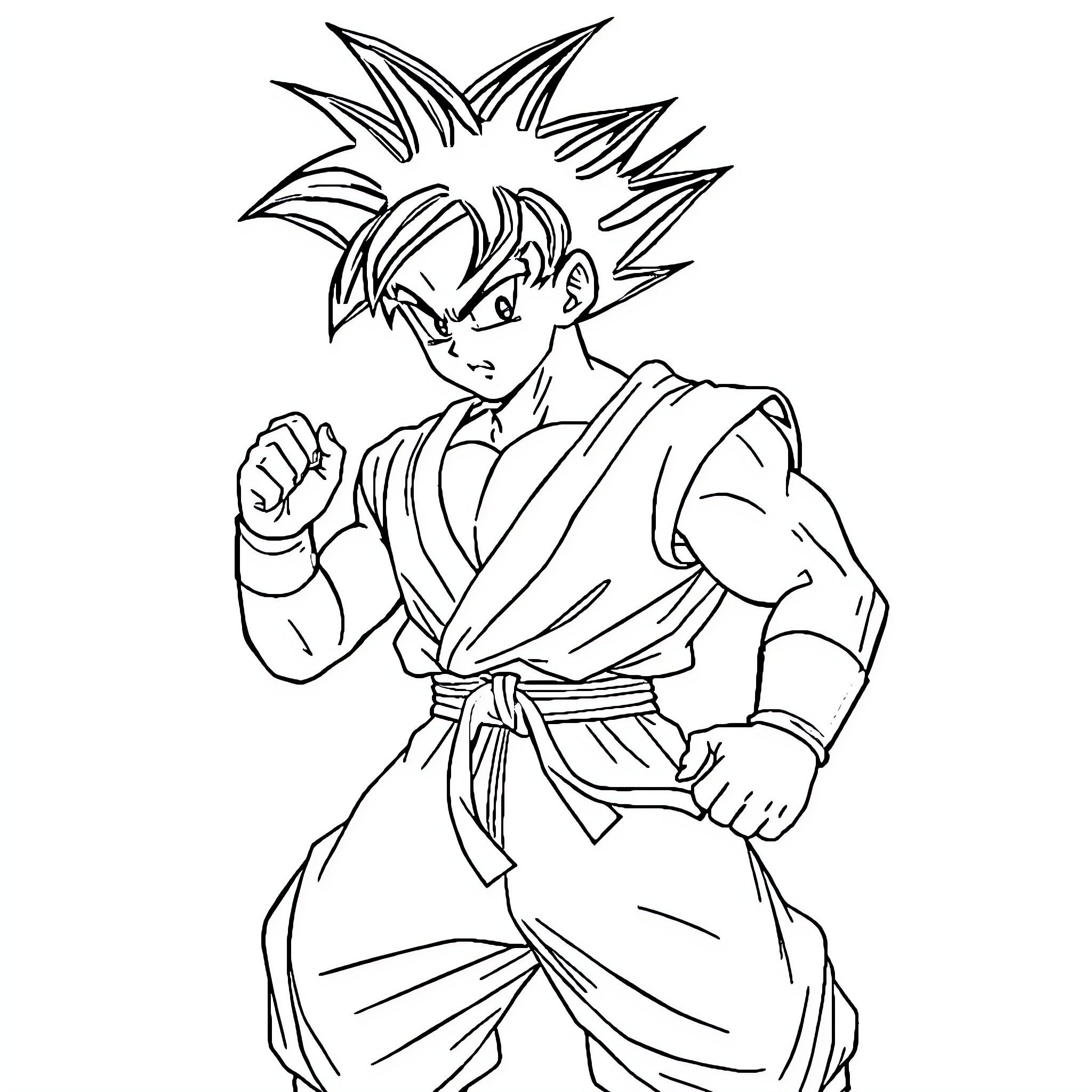 Goku in battle-ready stance Coloring Page (free black-and-white line drawing printable PDF for all, from beginners to advanced learners, including children, teens, adults, and seniors)