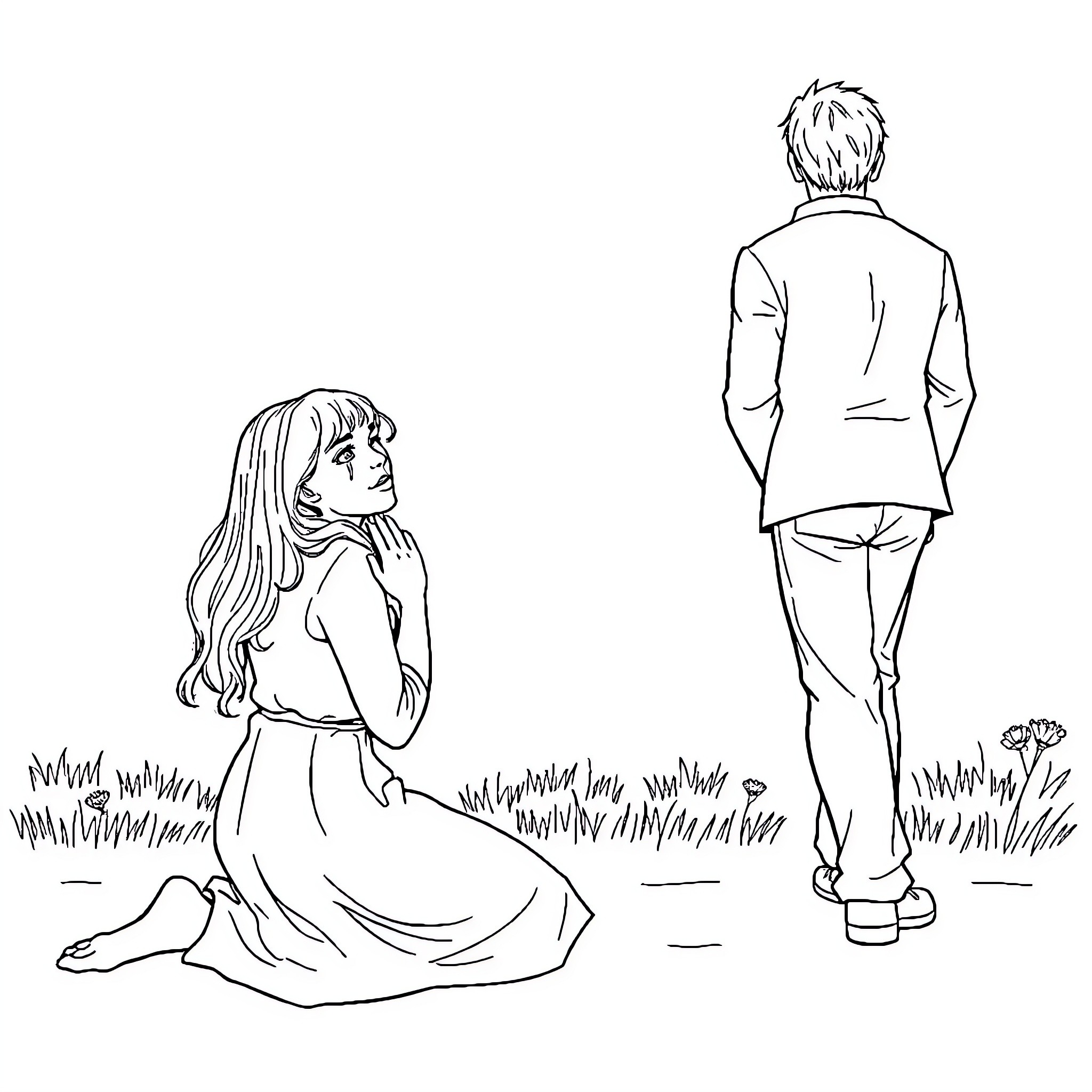 Woman in contemplative pose with a man walking away Coloring Page (free black-and-white line drawing printable PDF for all, from beginners to advanced learners, including children, teens, adults, and seniors)