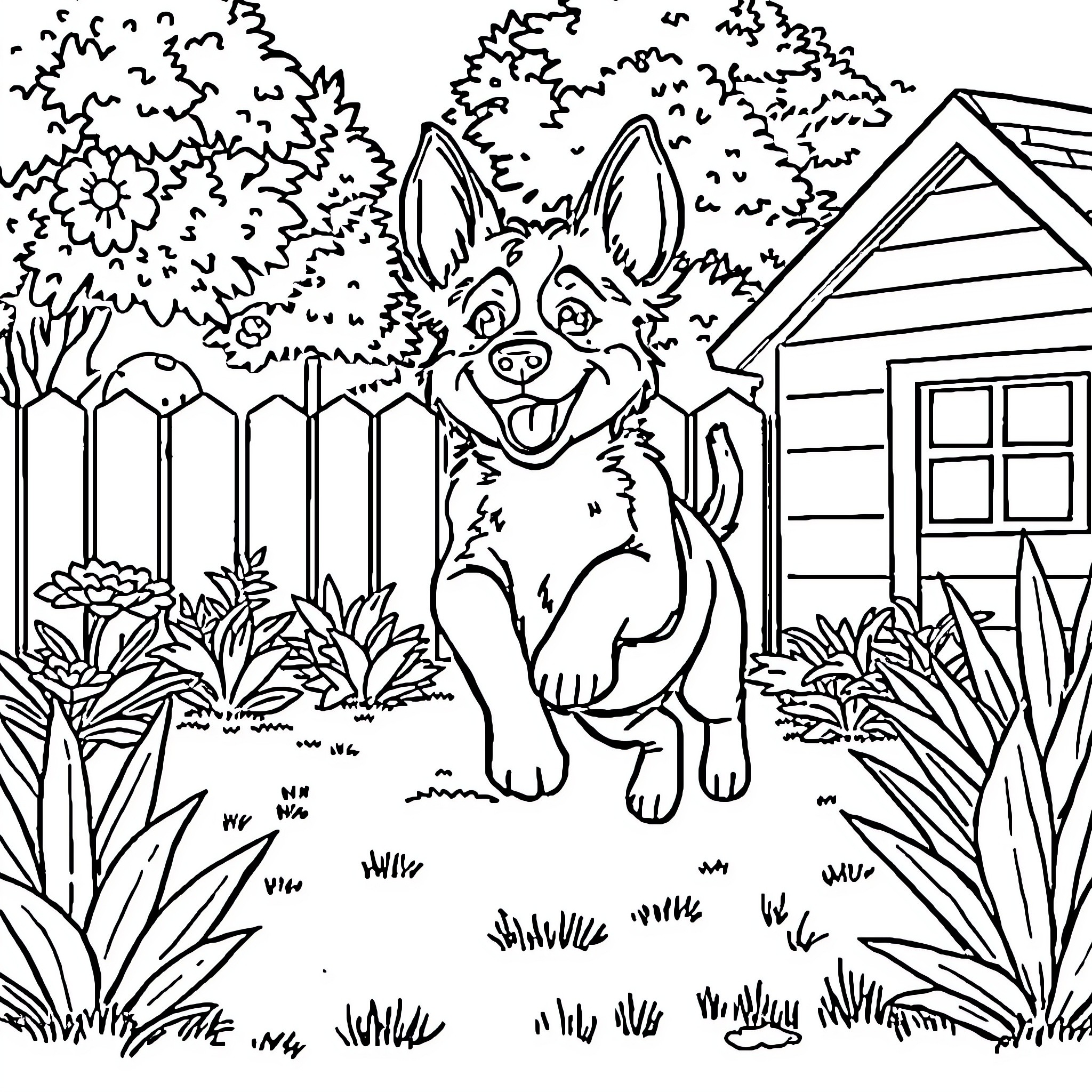 Bluey's Friendly Backyard Adventure Coloring Page (free black-and-white line drawing printable PDF for all, from beginners to advanced learners, including children, teens, adults, and seniors)