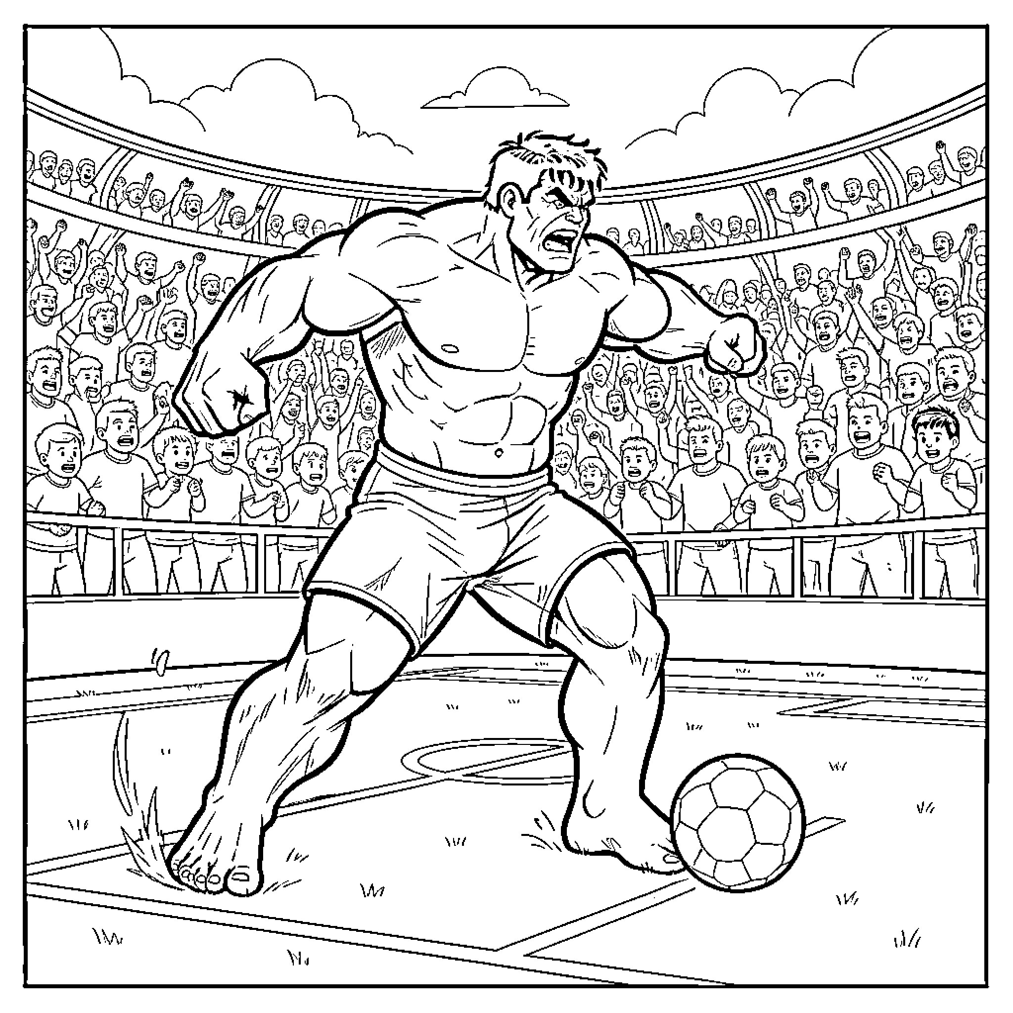Hulk playing soccer intensely in a crowded stadium Coloring Page (free black-and-white line drawing printable PDF for all, from beginners to advanced learners, including children, teens, adults, and seniors)