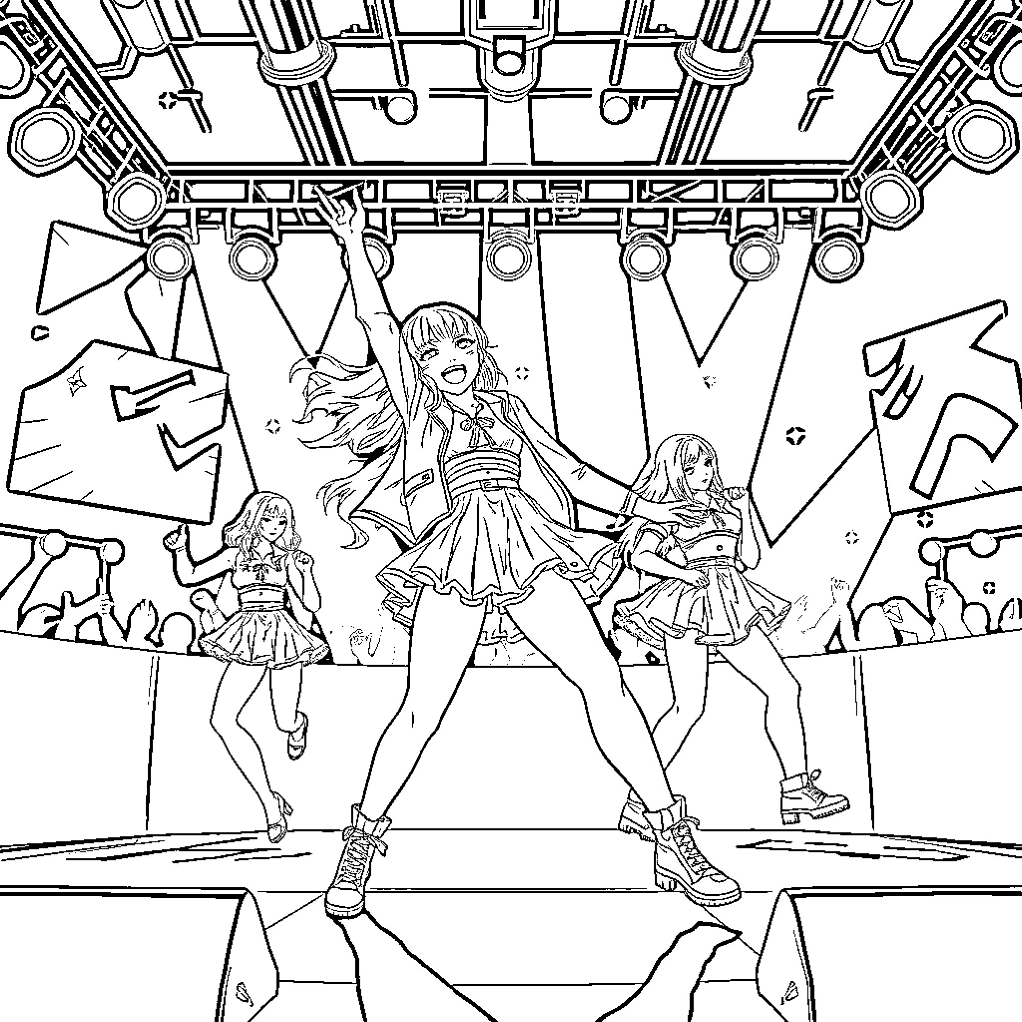 Kpop Performers Energetic on Stage Coloring Page (free black-and-white line drawing printable PDF for all, from beginners to advanced learners, including children, teens, adults, and seniors)