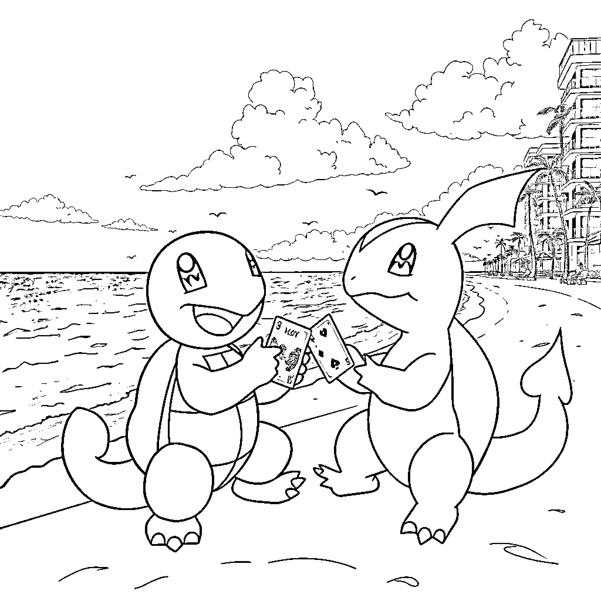 Squirtle playing on the beach with friend Coloring Page (free black-and-white line drawing printable PDF for all, from beginners to advanced learners, including children, teens, adults, and seniors)