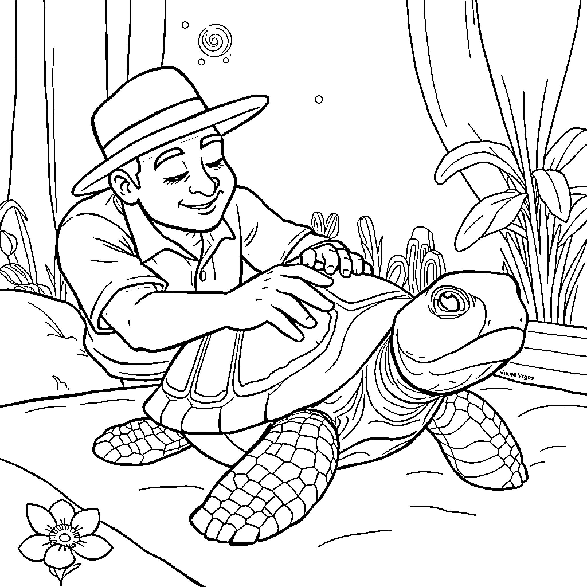 Vincent Vegas interacts playfully with a turtle in a natural setting Coloring Page (free black-and-white line drawing printable PDF for all, from beginners to advanced learners, including children, teens, adults, and seniors)