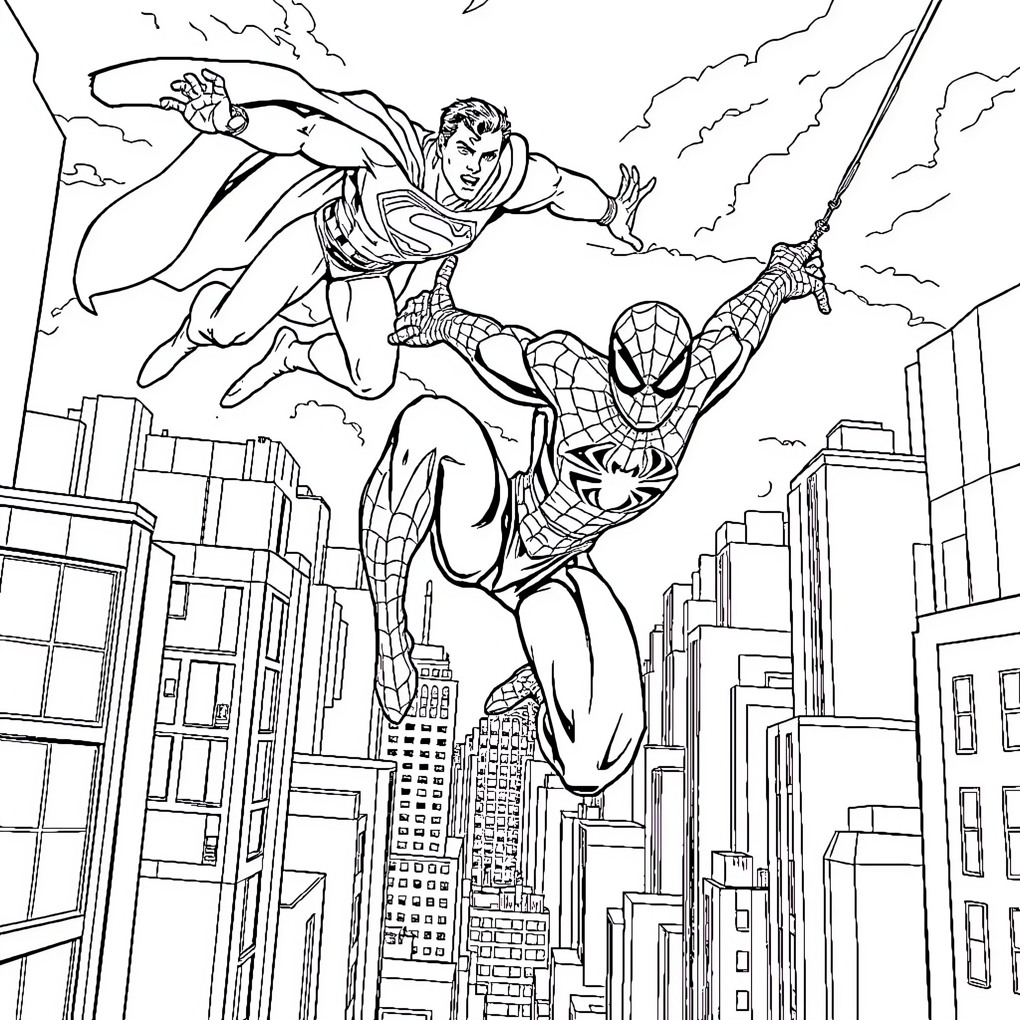 Spiderman and Superman soaring over city skyline Coloring Page (free black-and-white line drawing printable PDF for all, from beginners to advanced learners, including children, teens, adults, and seniors)