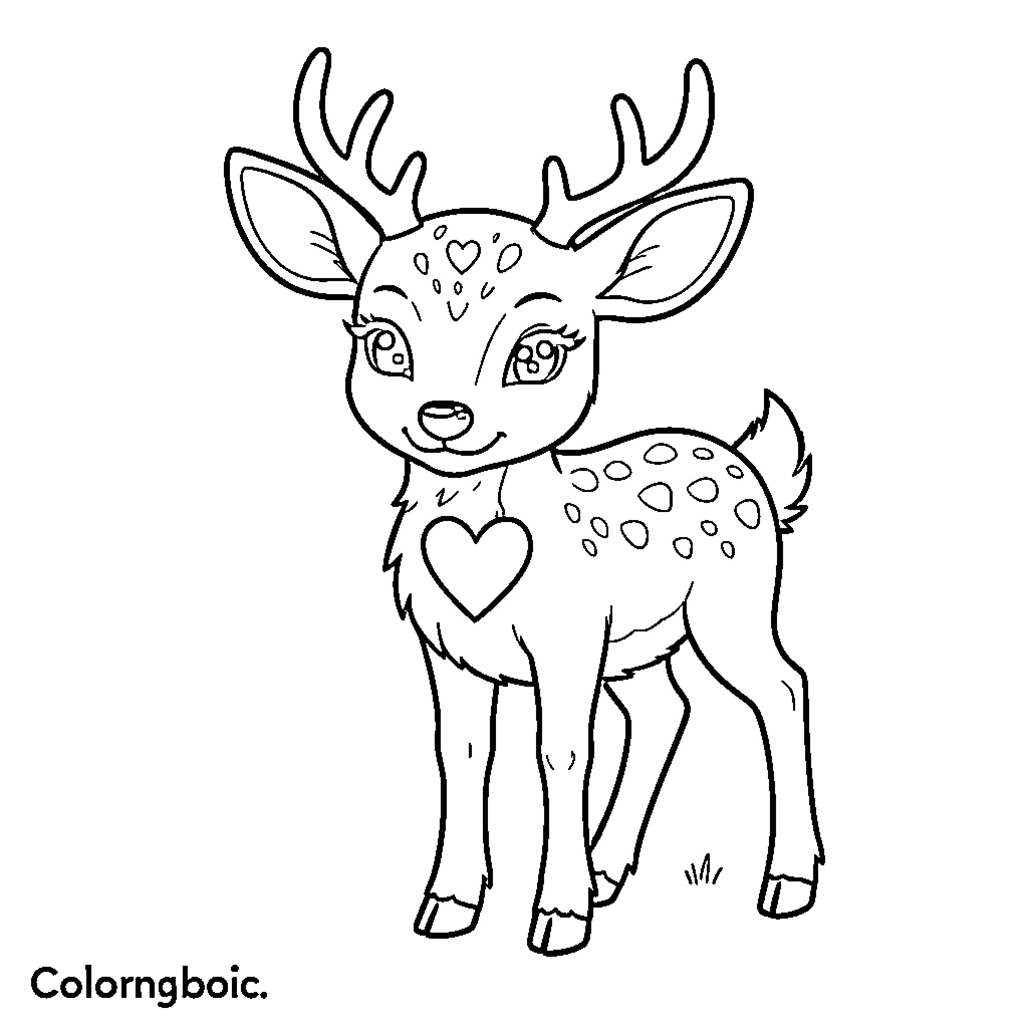 Biche standing with hearts and cute expressions Coloring Page (free black-and-white line drawing printable PDF for all, from beginners to advanced learners, including children, teens, adults, and seniors)
