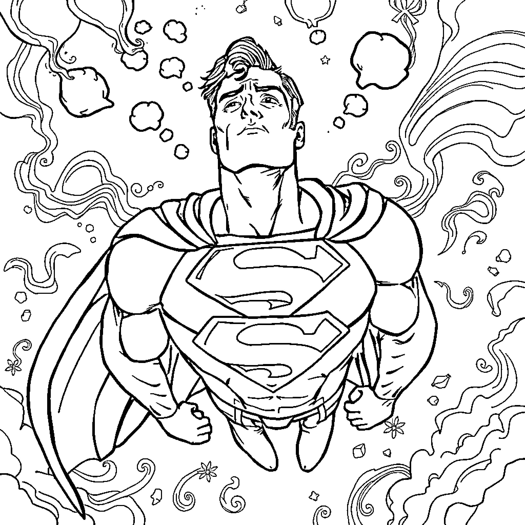 Superman in action-packed heroic pose Coloring Page (free black-and-white line drawing printable PDF for all, from beginners to advanced learners, including children, teens, adults, and seniors)