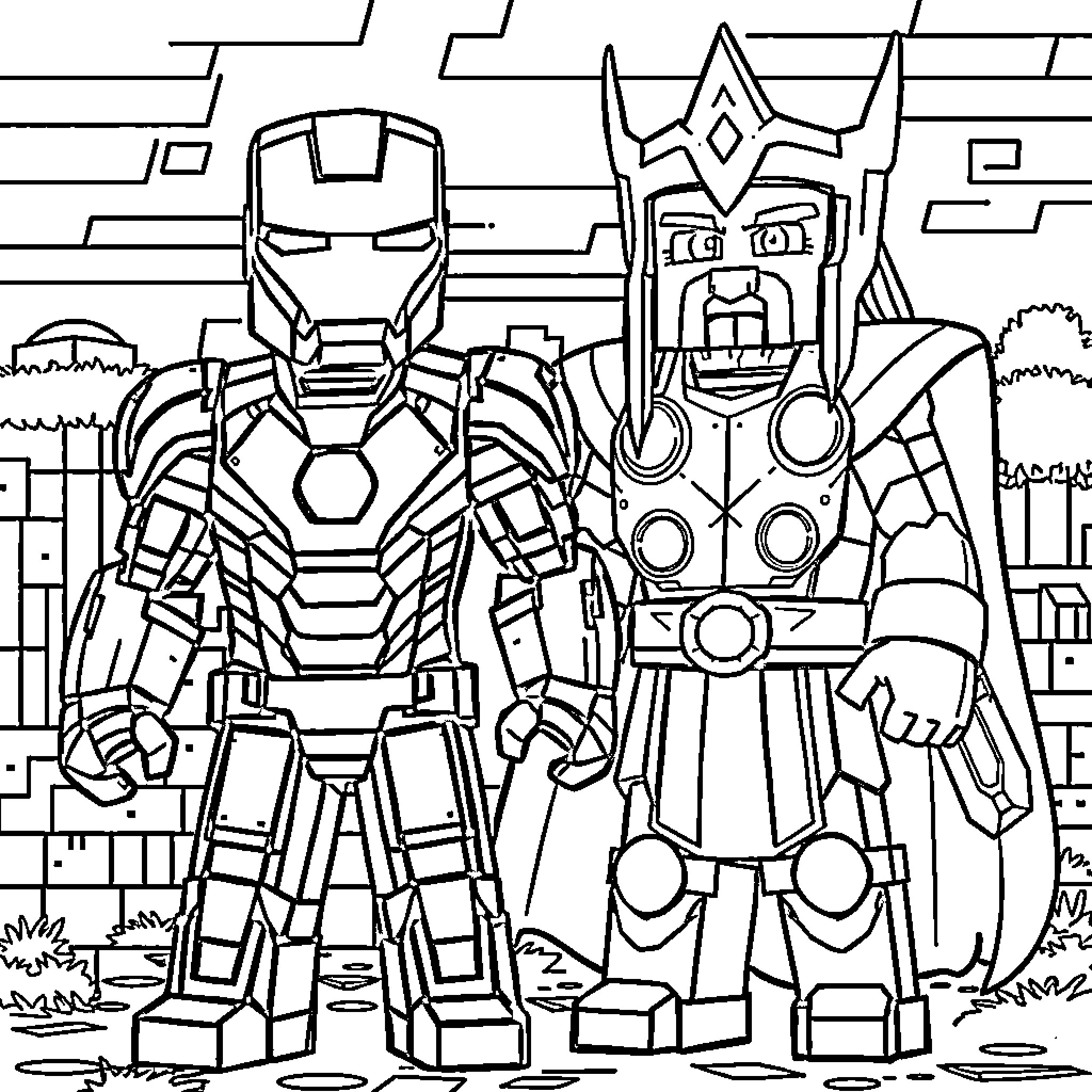 Ironman and Thor in Superhero Stance Coloring Page (free black-and-white line drawing printable PDF for all, from beginners to advanced learners, including children, teens, adults, and seniors)