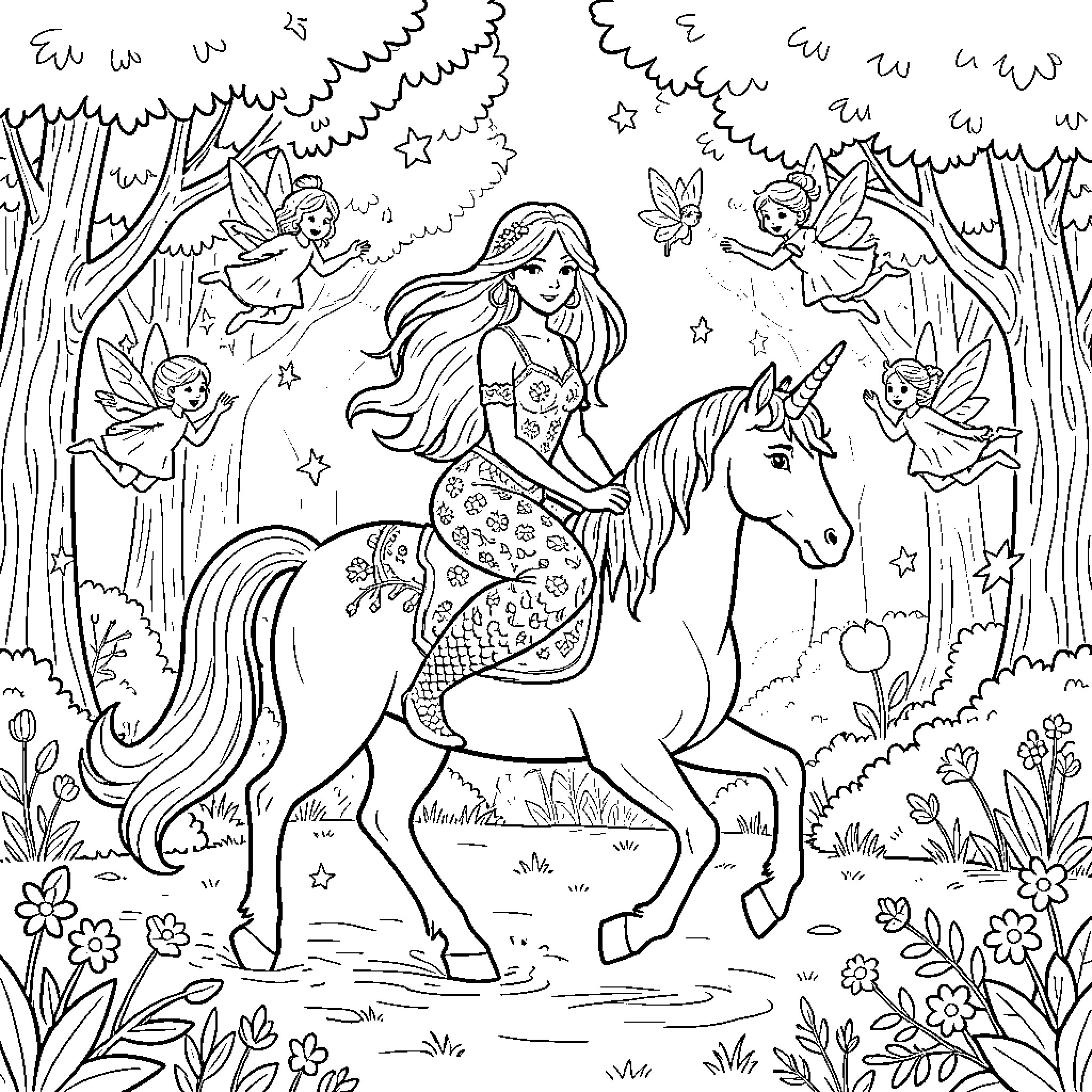 Mermaid riding a unicorn through a magical forest Coloring Page (free black-and-white line drawing printable PDF for all, from beginners to advanced learners, including children, teens, adults, and seniors)