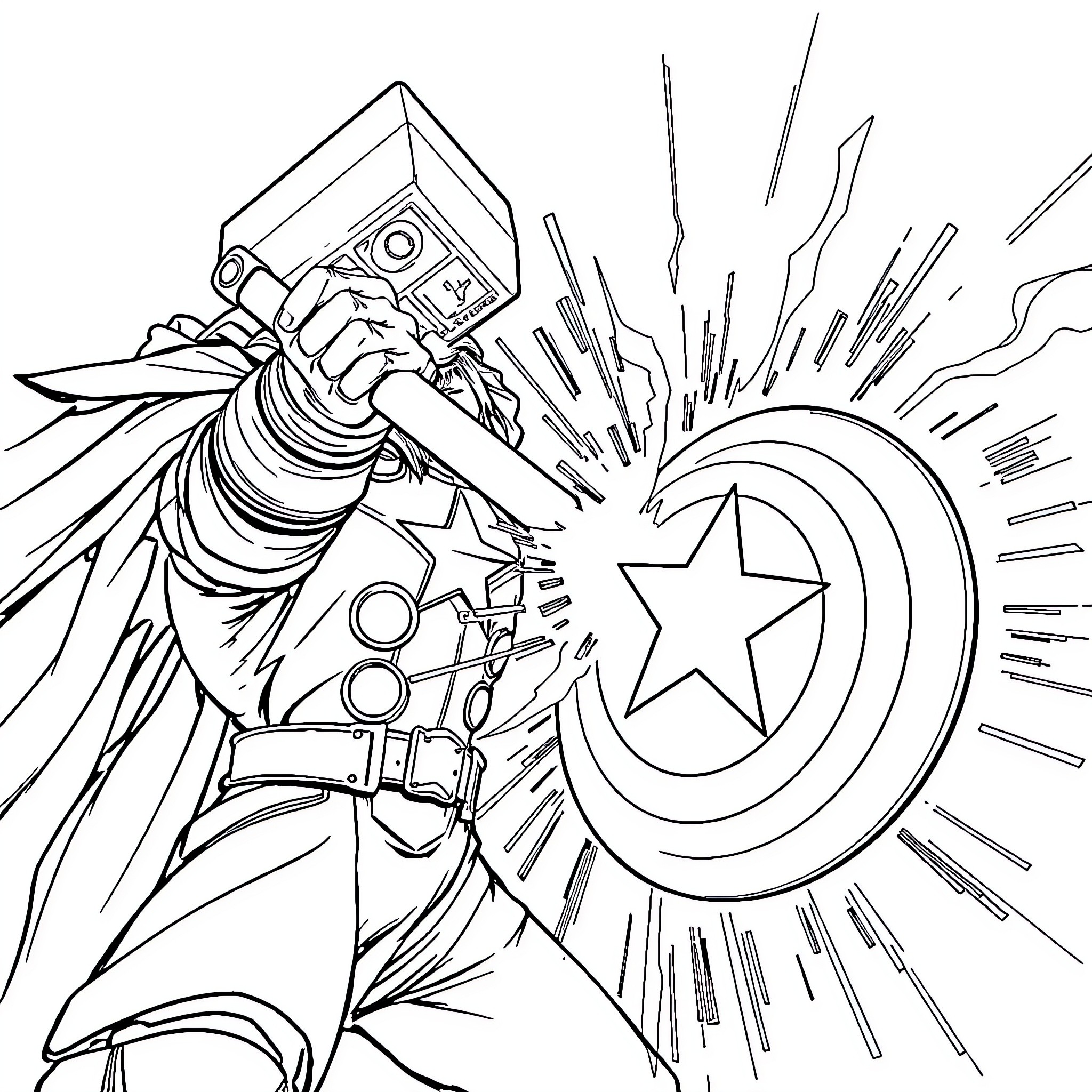 Thor Battling Fearsome Foes with Mighty Weapon Coloring Page (free black-and-white line drawing printable PDF for all, from beginners to advanced learners, including children, teens, adults, and seniors)