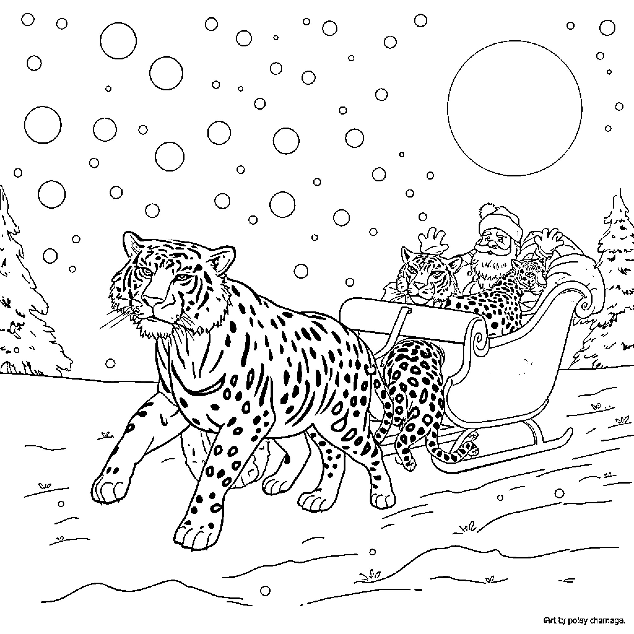Tiger pulling Santa's sleigh in snowy winter Coloring Page (free black-and-white line drawing printable PDF for all, from beginners to advanced learners, including children, teens, adults, and seniors)