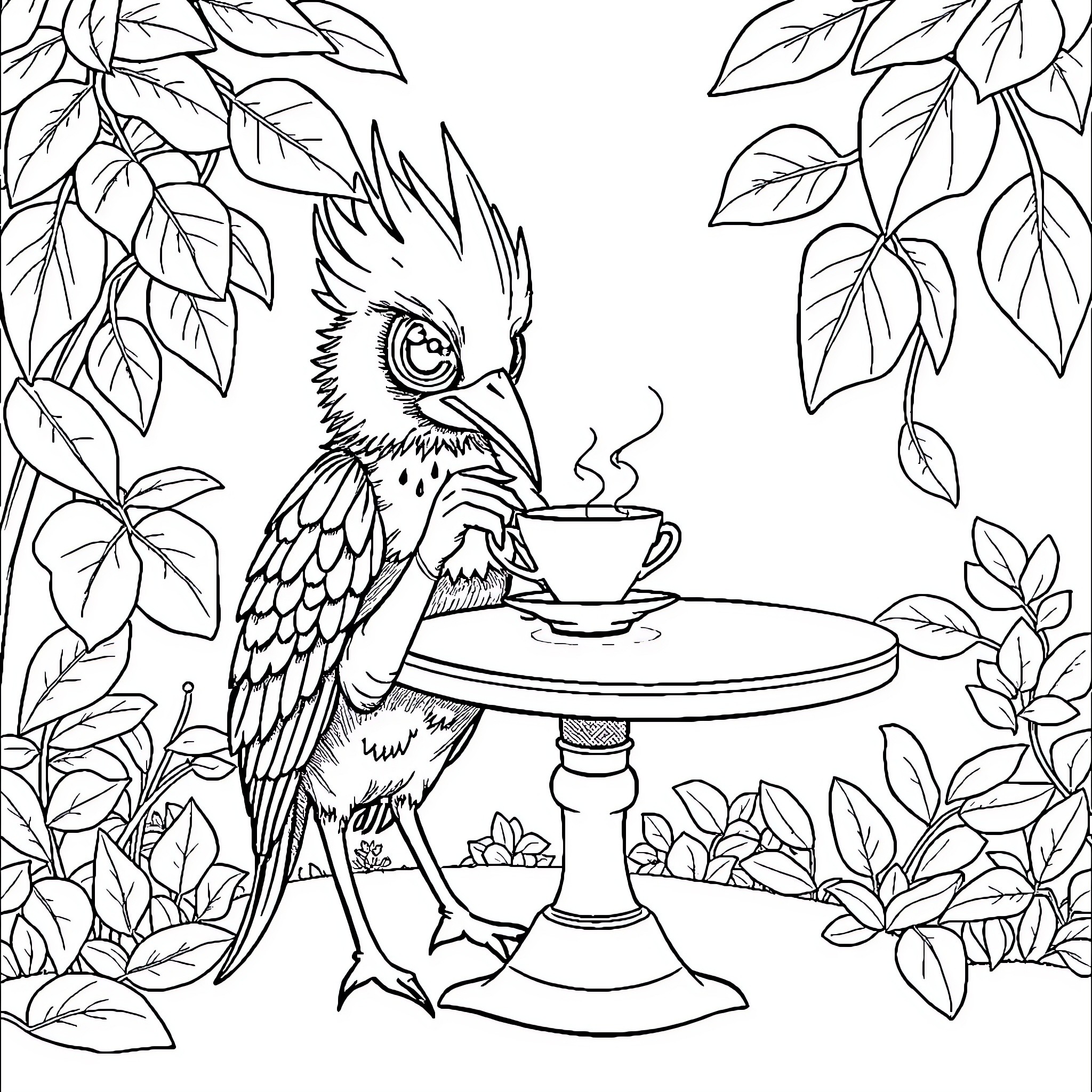 Decidueye enjoying a hot beverage in the forest Coloring Page (free black-and-white line drawing printable PDF for all, from beginners to advanced learners, including children, teens, adults, and seniors)