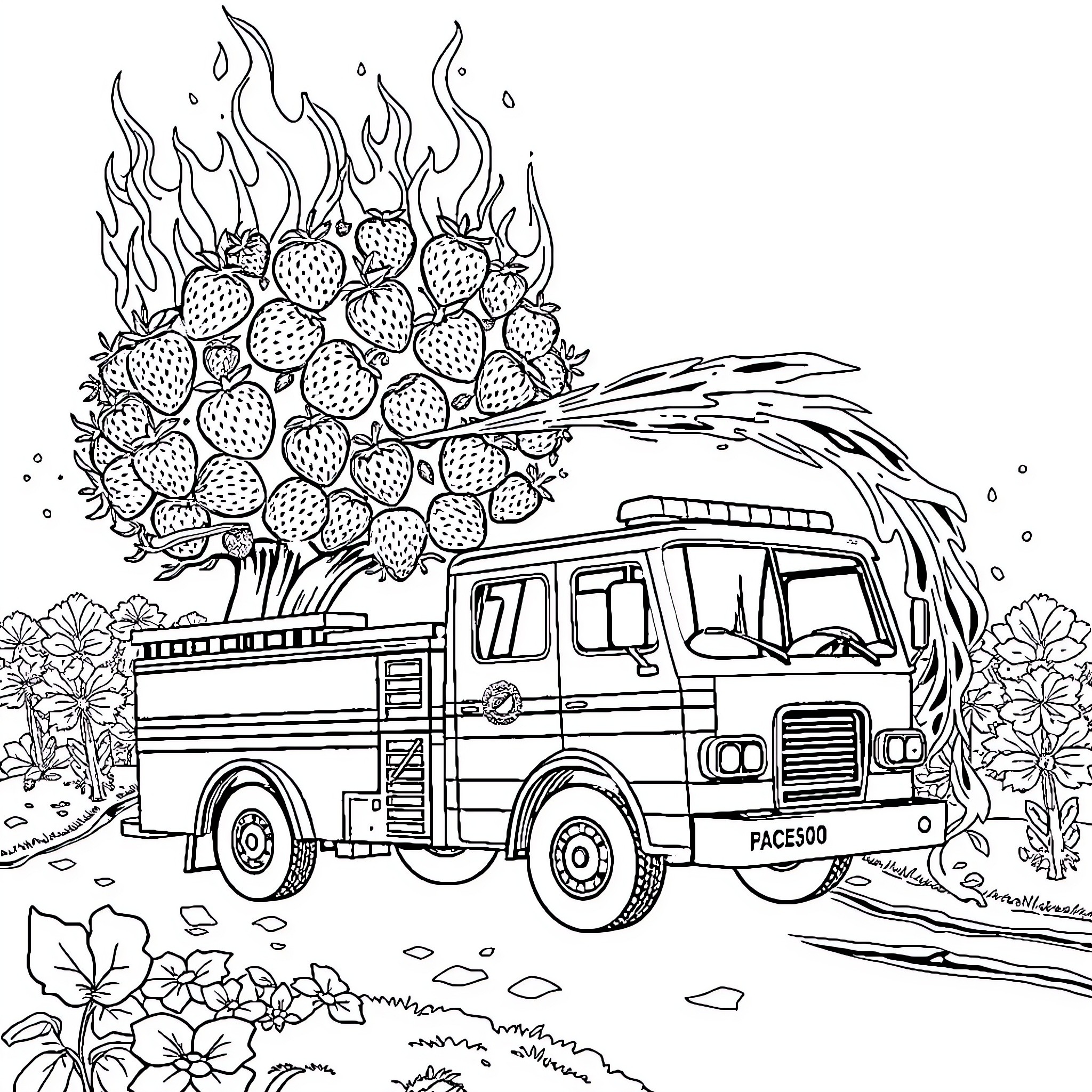 Fire Truck Responding to Burning Strawberries in Nature Coloring Page (free black-and-white line drawing printable PDF for all, from beginners to advanced learners, including children, teens, adults, and seniors)