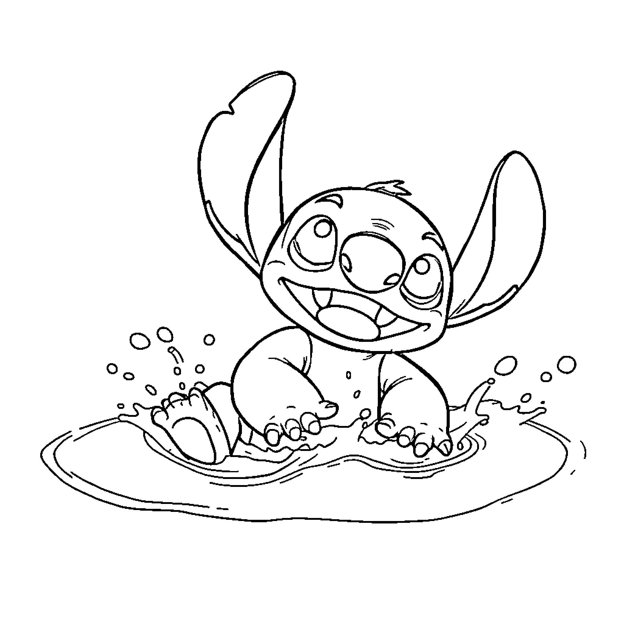 Stitch playing joyfully in the water Coloring Page (free black-and-white line drawing printable PDF for all, from beginners to advanced learners, including children, teens, adults, and seniors)