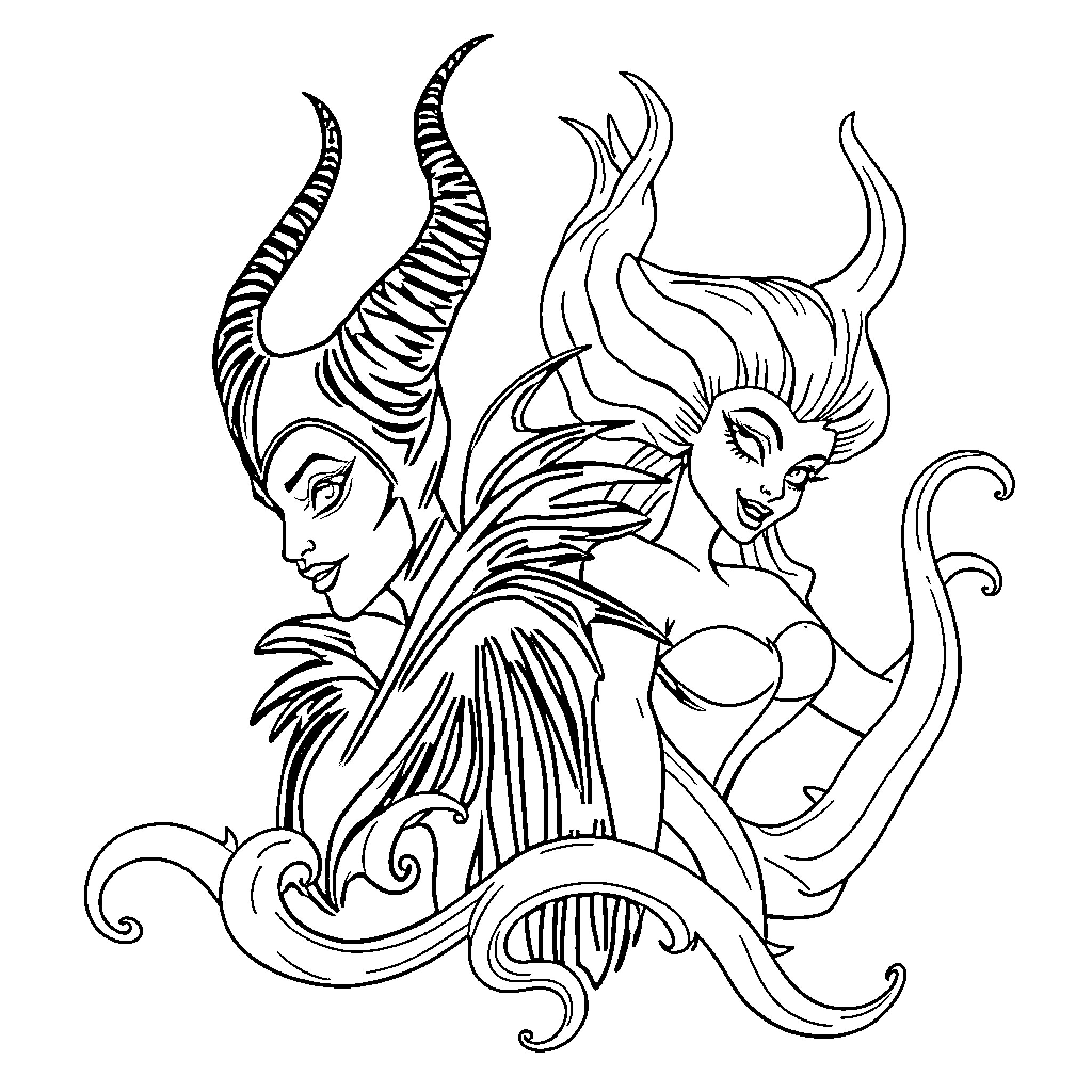 Villain with Horns and Flowing Attire Coloring Page (free black-and-white line drawing printable PDF for all, from beginners to advanced learners, including children, teens, adults, and seniors)