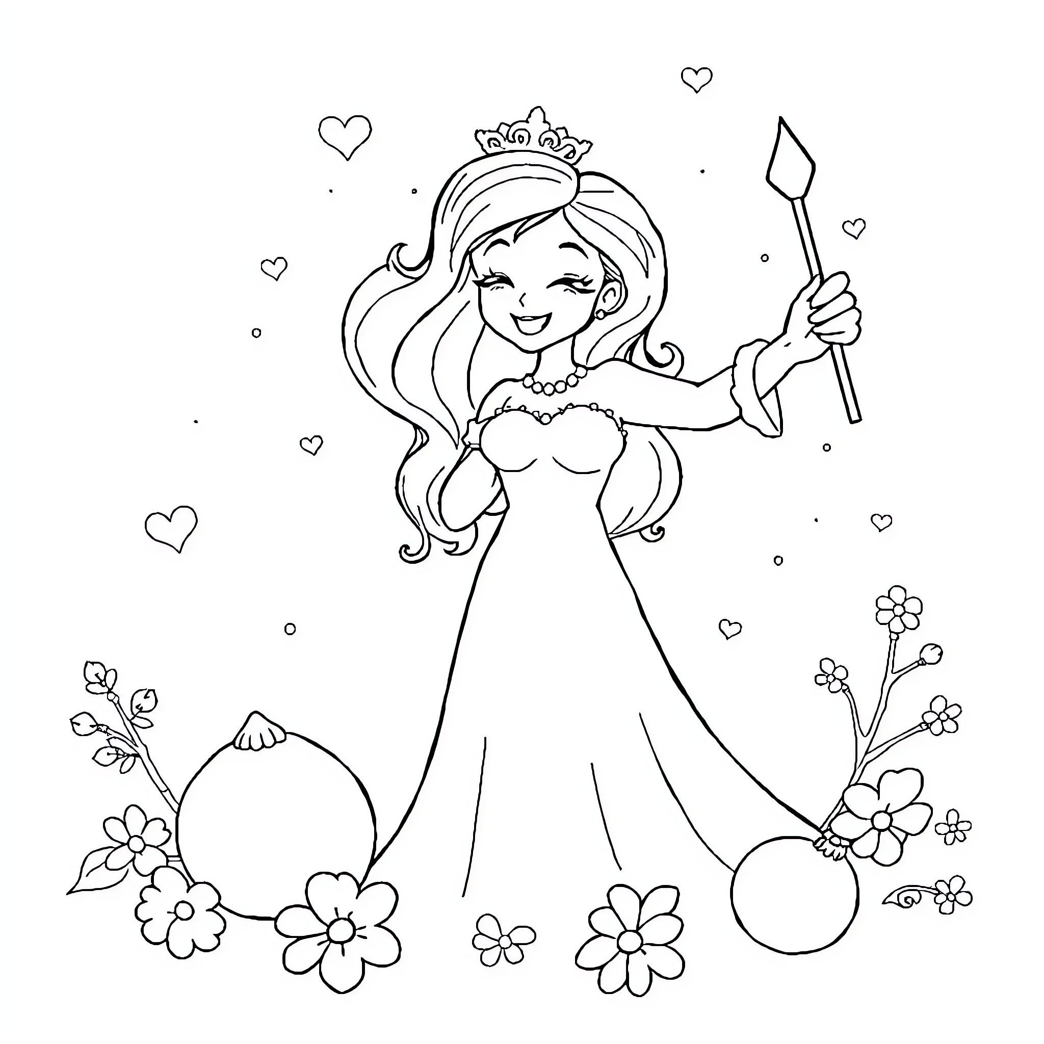 Snow White's Charming Floral Adventure Coloring Page (free black-and-white line drawing printable PDF for all, from beginners to advanced learners, including children, teens, adults, and seniors)