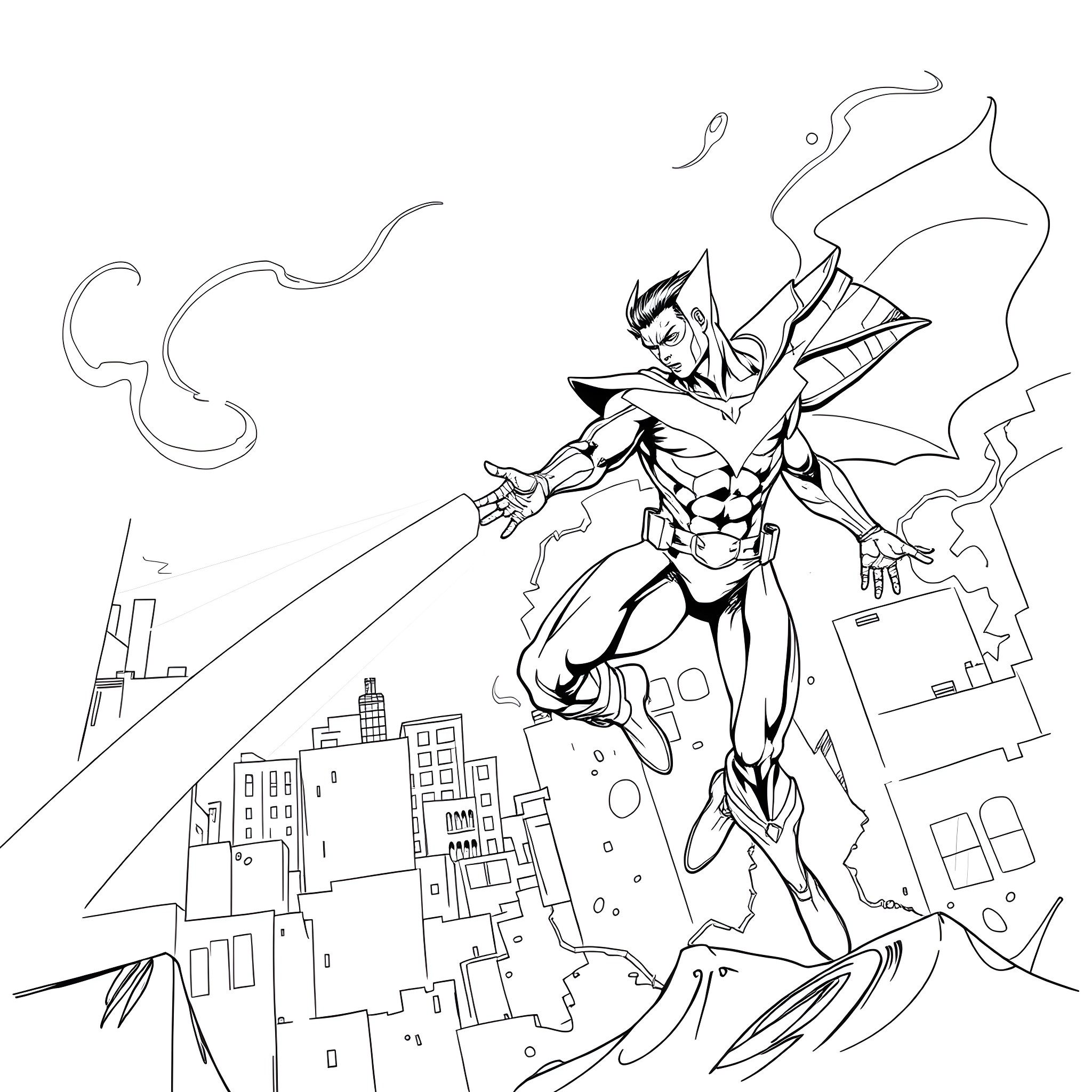 Cyclops Superhero Soaring Over Cityscape Coloring Page (free black-and-white line drawing printable PDF for all, from beginners to advanced learners, including children, teens, adults, and seniors)