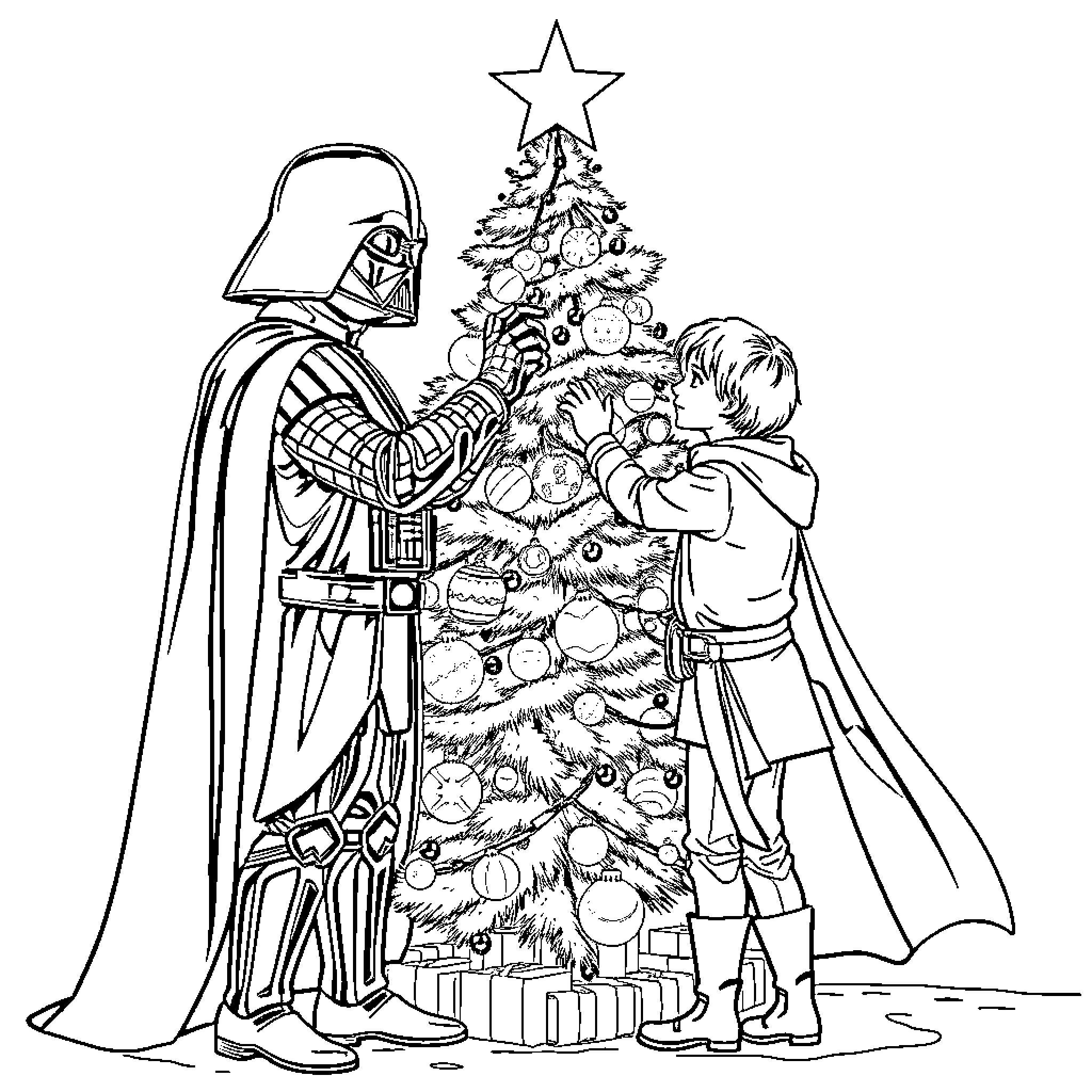 Vader decorating Christmas tree with children Coloring Page (free black-and-white line drawing printable PDF for all, from beginners to advanced learners, including children, teens, adults, and seniors)