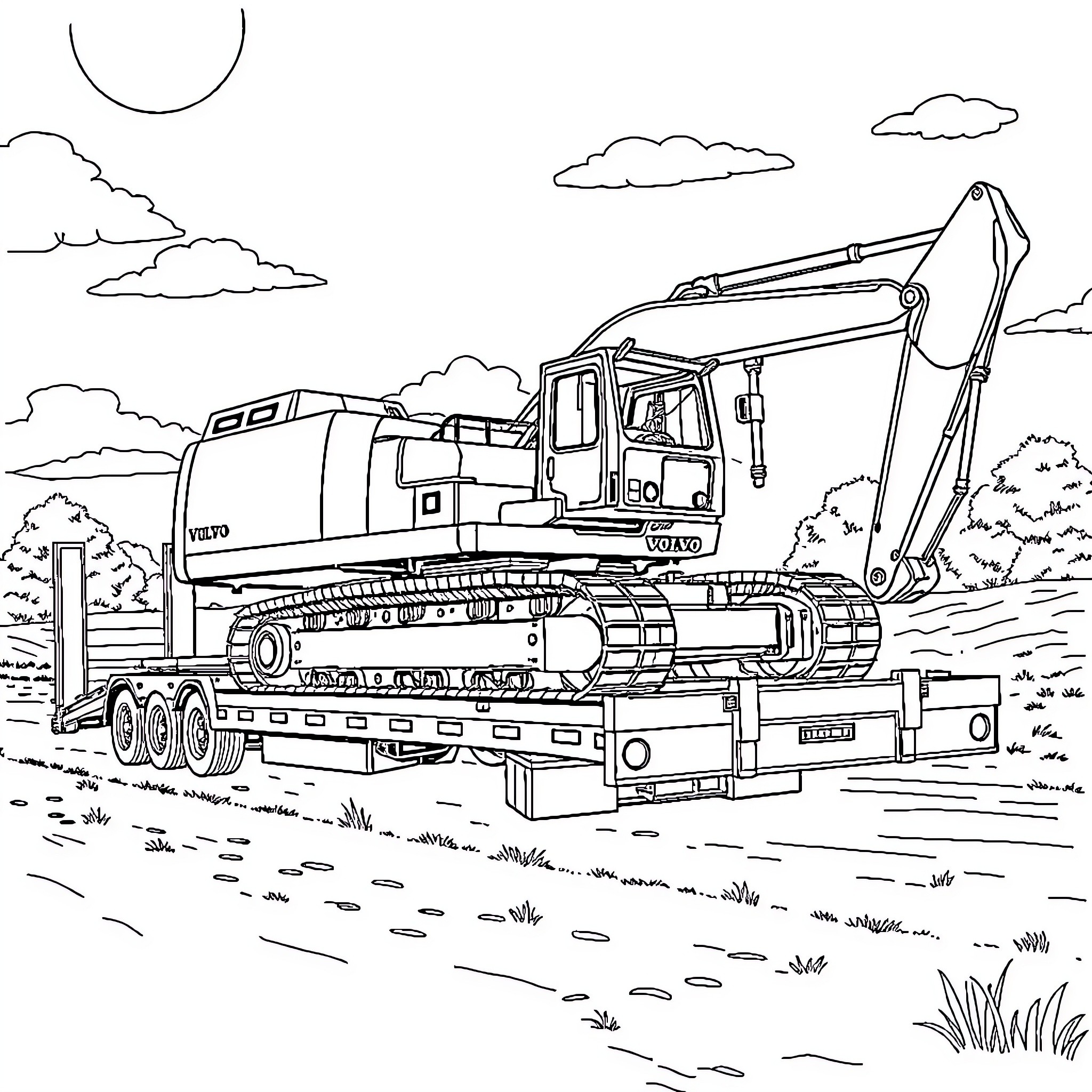 Lowboy Trailer transporting heavy construction machinery Coloring Page (free black-and-white line drawing printable PDF for all, from beginners to advanced learners, including children, teens, adults, and seniors)