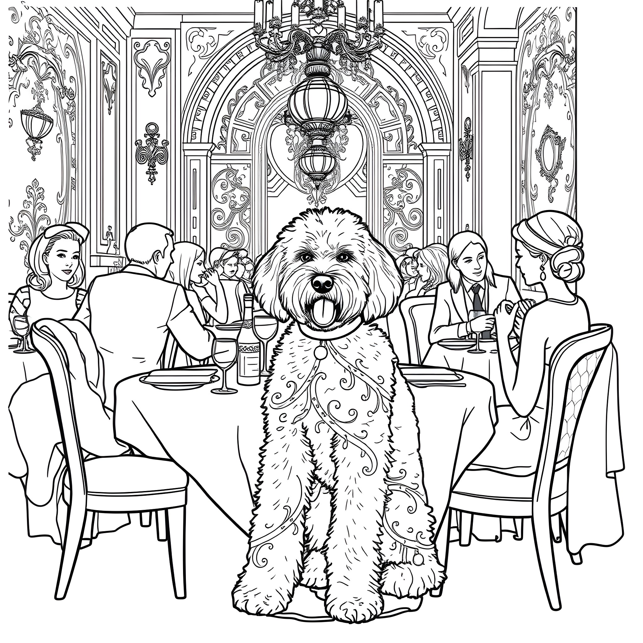 Labradoodle attending a fancy dinner party Coloring Page (free black-and-white line drawing printable PDF for all, from beginners to advanced learners, including children, teens, adults, and seniors)