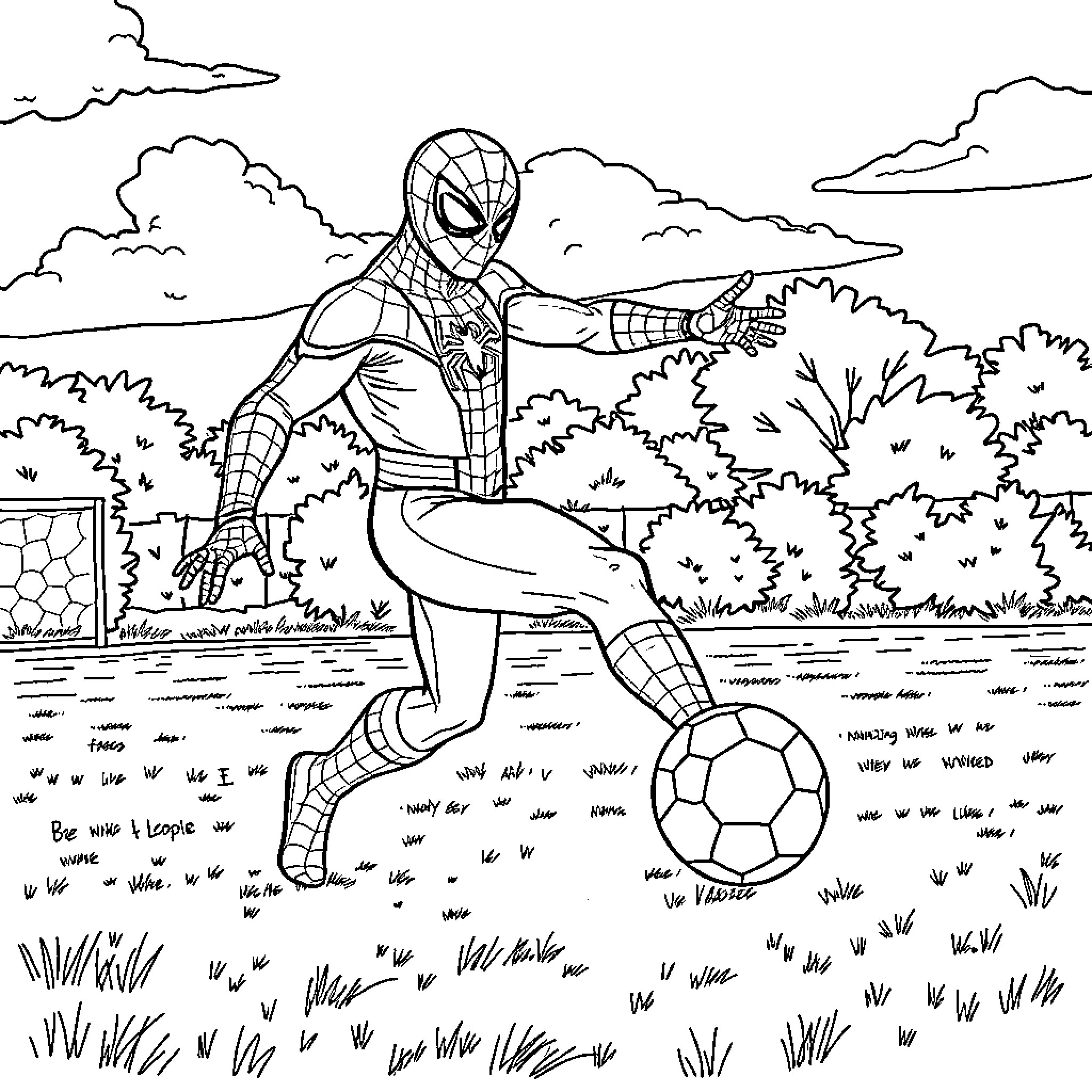 Spiderman playing with a soccer ball in the park Coloring Page (free black-and-white line drawing printable PDF for all, from beginners to advanced learners, including children, teens, adults, and seniors)