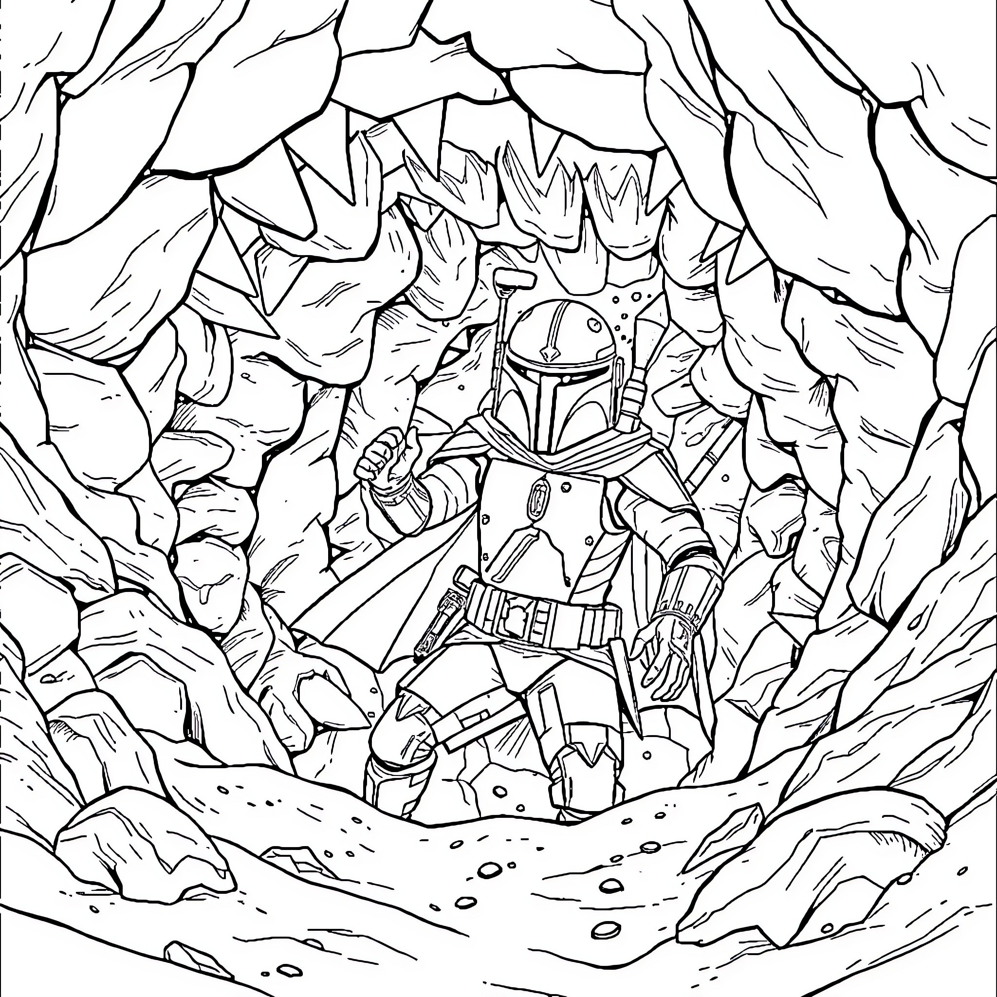Boba Fett exploring a mysterious cave Coloring Page (free black-and-white line drawing printable PDF for all, from beginners to advanced learners, including children, teens, adults, and seniors)