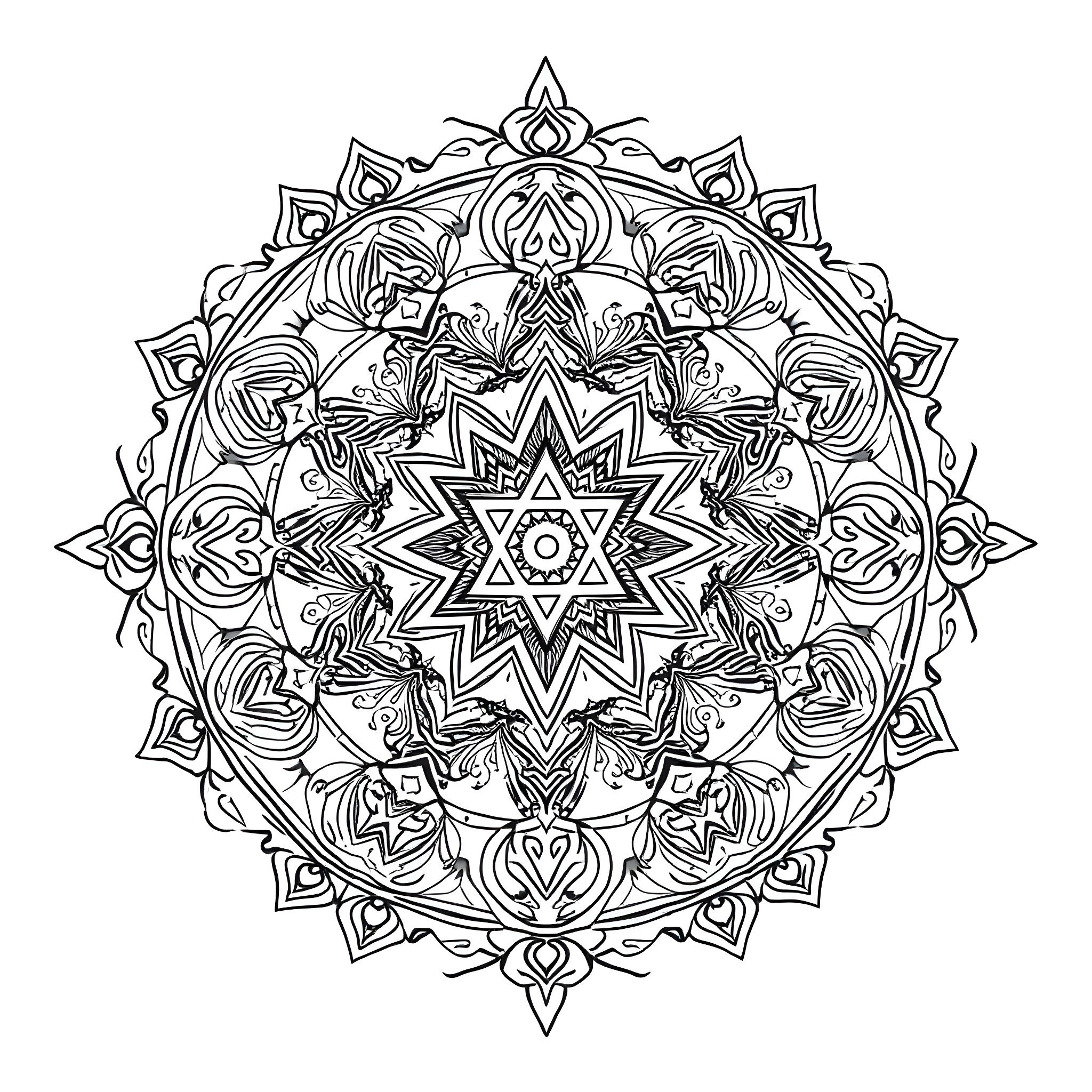 Jewish Mandala with intricate geometric patterns Coloring Page (free black-and-white line drawing printable PDF for all, from beginners to advanced learners, including children, teens, adults, and seniors)