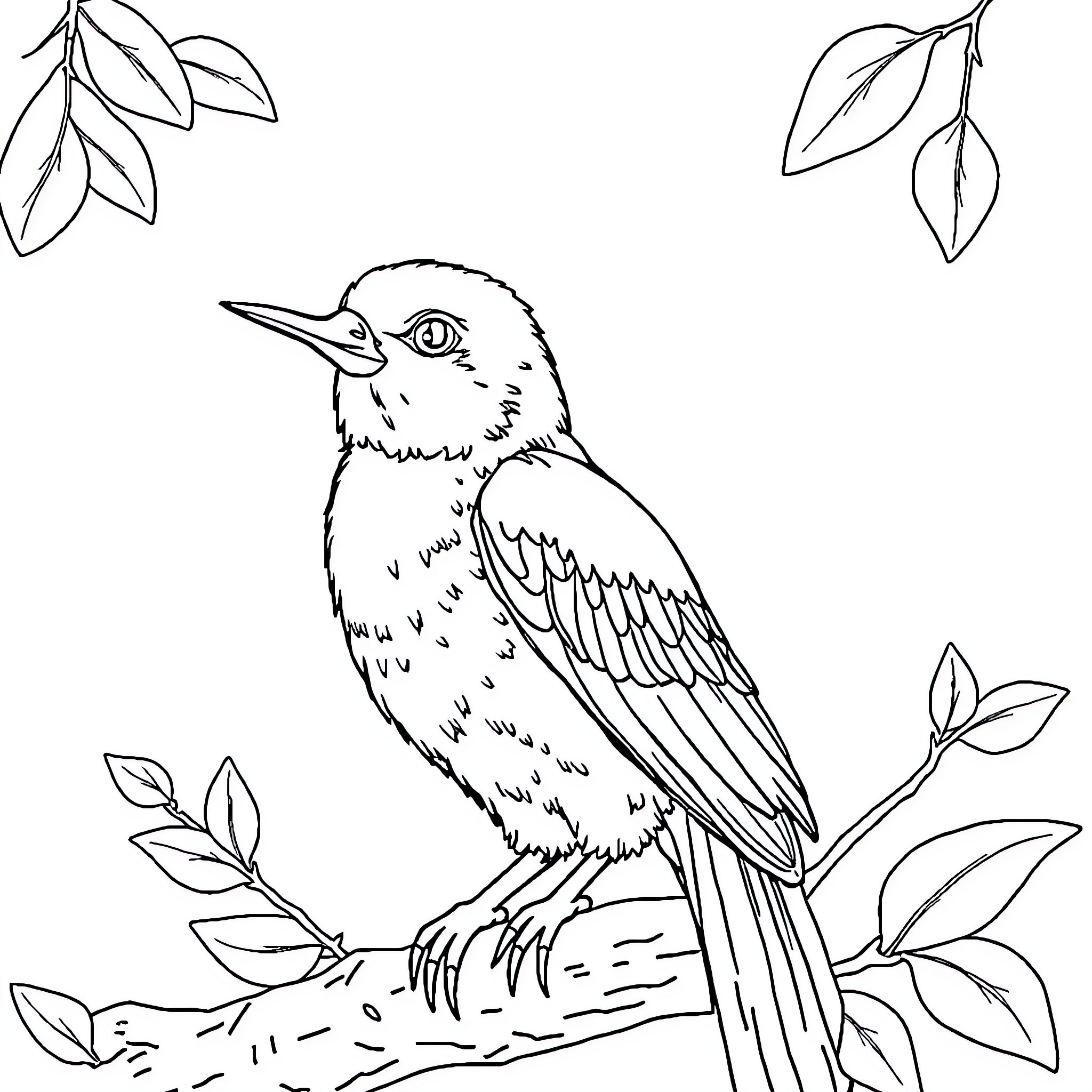 Animal perching on branch surrounded by leaves Coloring Page (free black-and-white line drawing printable PDF for all, from beginners to advanced learners, including children, teens, adults, and seniors)