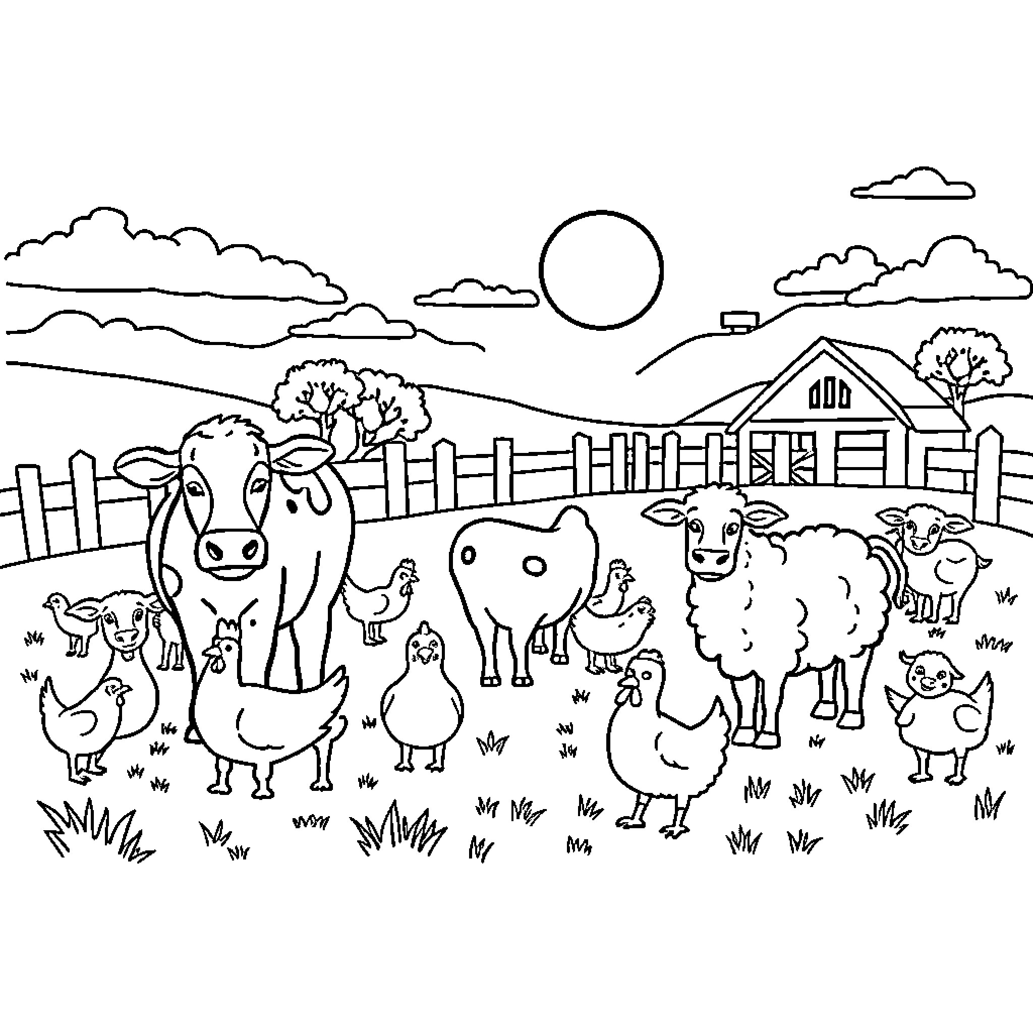 Farm Animals Enjoying a Sunny Day on the Farm Coloring Page (free black-and-white line drawing printable PDF for all, from beginners to advanced learners, including children, teens, adults, and seniors)
