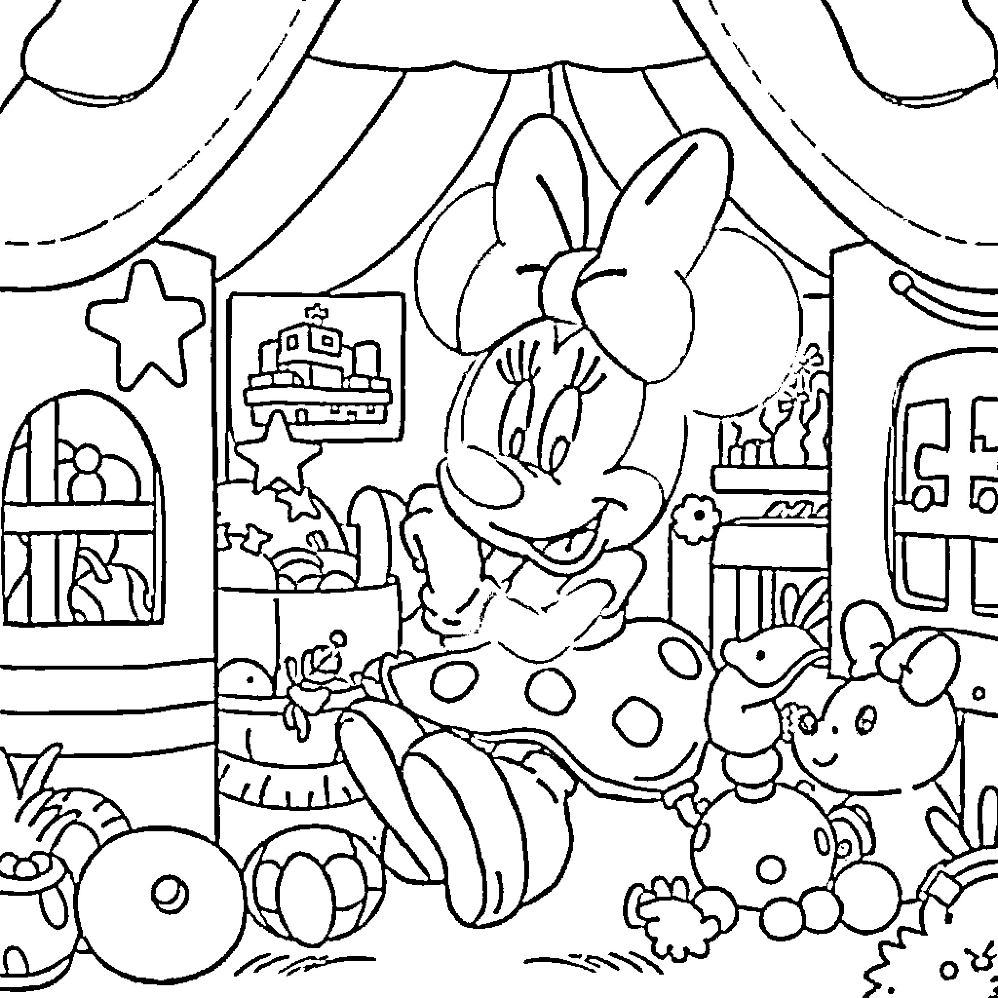 Minnie Mouse enjoying the carnival festivities Coloring Page (free black-and-white line drawing printable PDF for all, from beginners to advanced learners, including children, teens, adults, and seniors)