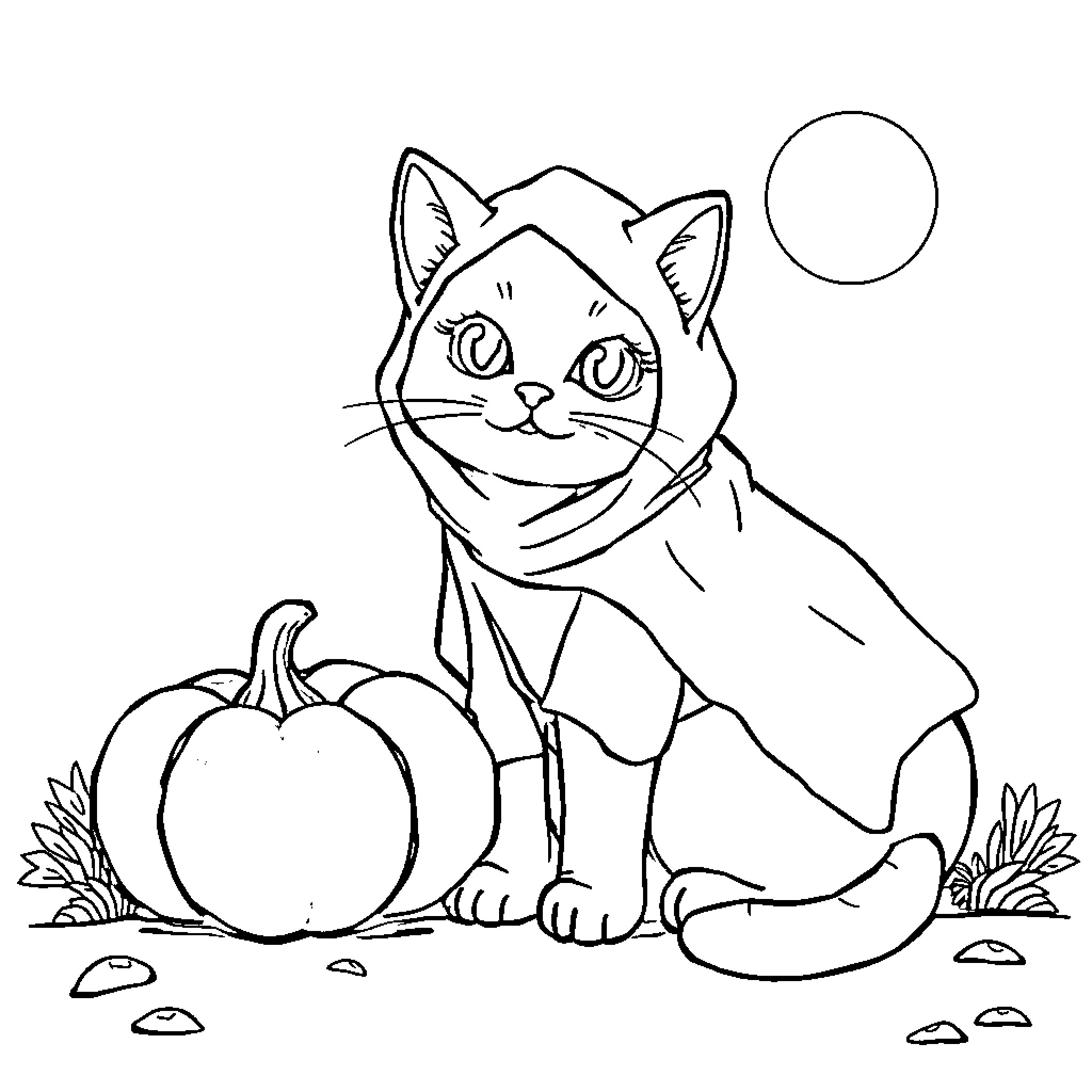 Cat in costume with pumpkin in autumn scene Coloring Page (free black-and-white line drawing printable PDF for all, from beginners to advanced learners, including children, teens, adults, and seniors)