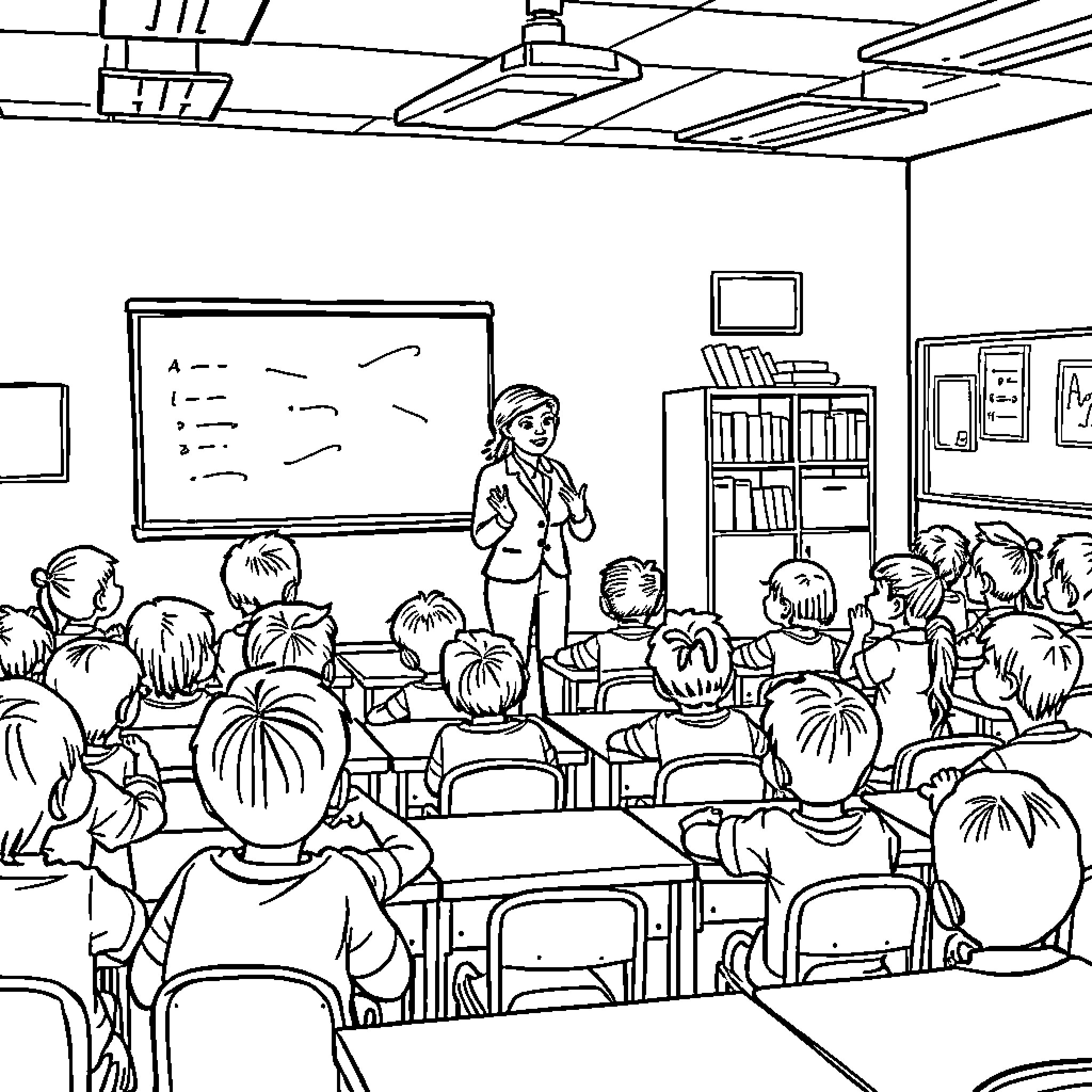 Teacher engaging students in classroom discussion Coloring Page (free black-and-white line drawing printable PDF for all, from beginners to advanced learners, including children, teens, adults, and seniors)