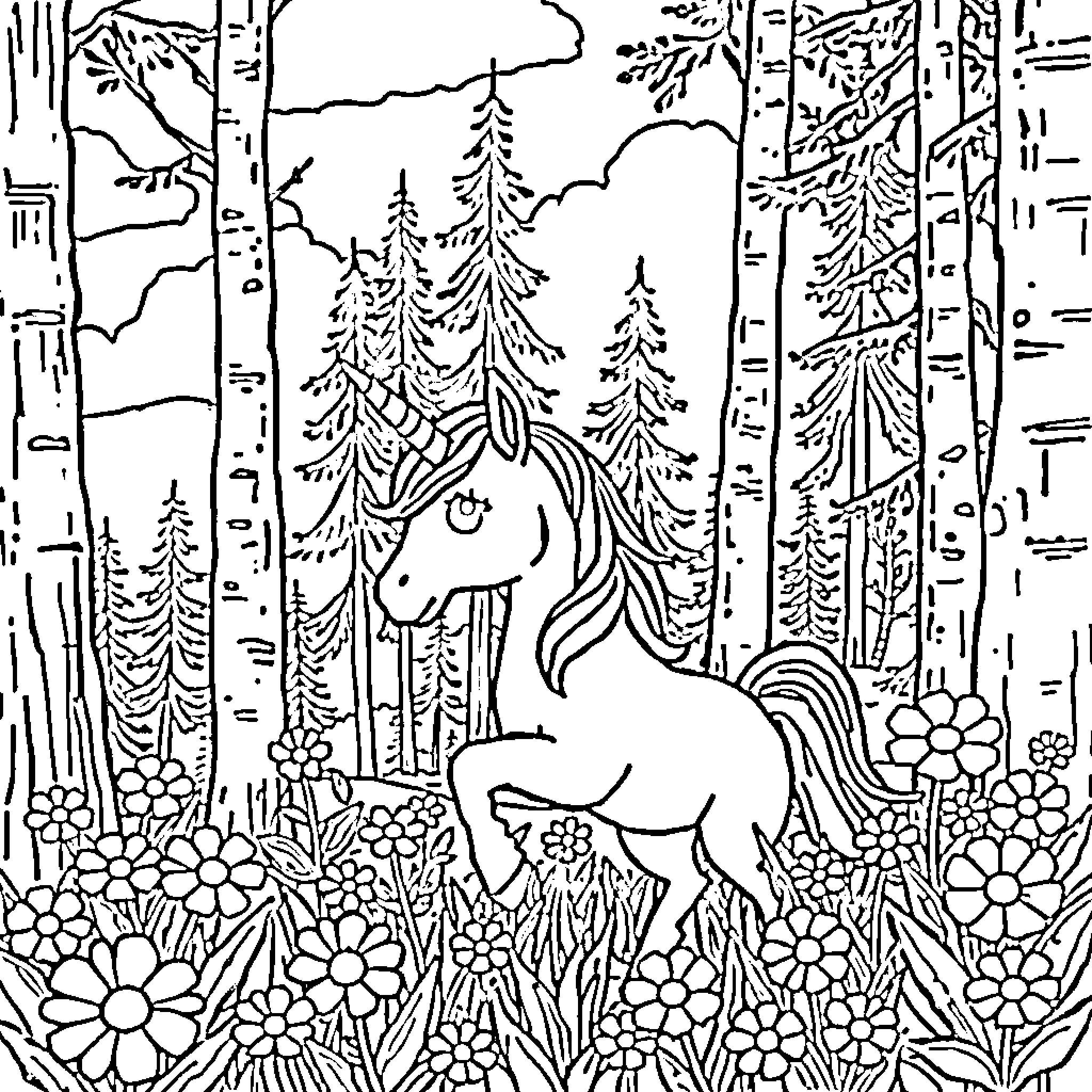 Unicorn wandering through enchanting forest landscape Coloring Page (free black-and-white line drawing printable PDF for all, from beginners to advanced learners, including children, teens, adults, and seniors)
