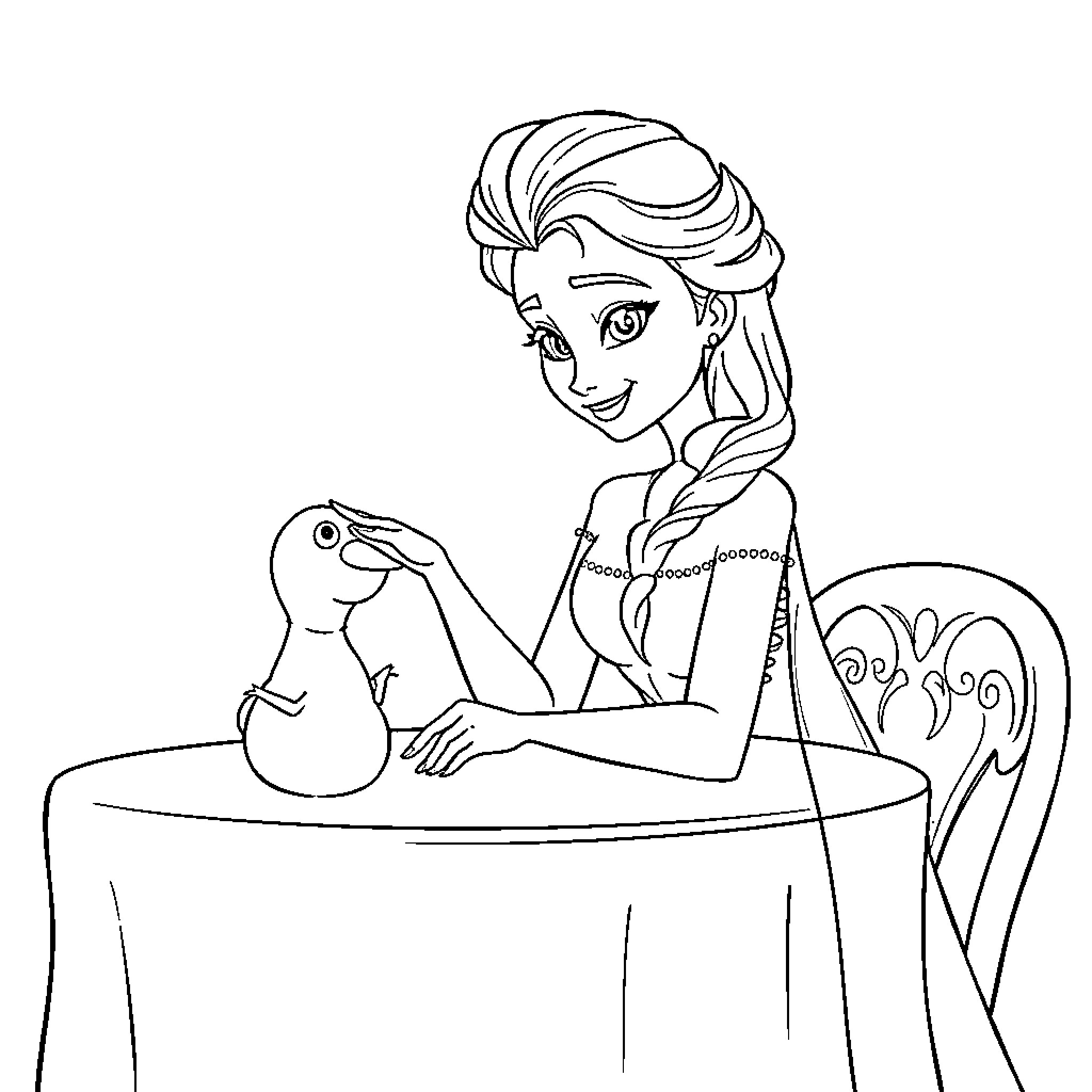 Elsa enjoying a calm moment with a friend Coloring Page (free black-and-white line drawing printable PDF for all, from beginners to advanced learners, including children, teens, adults, and seniors)