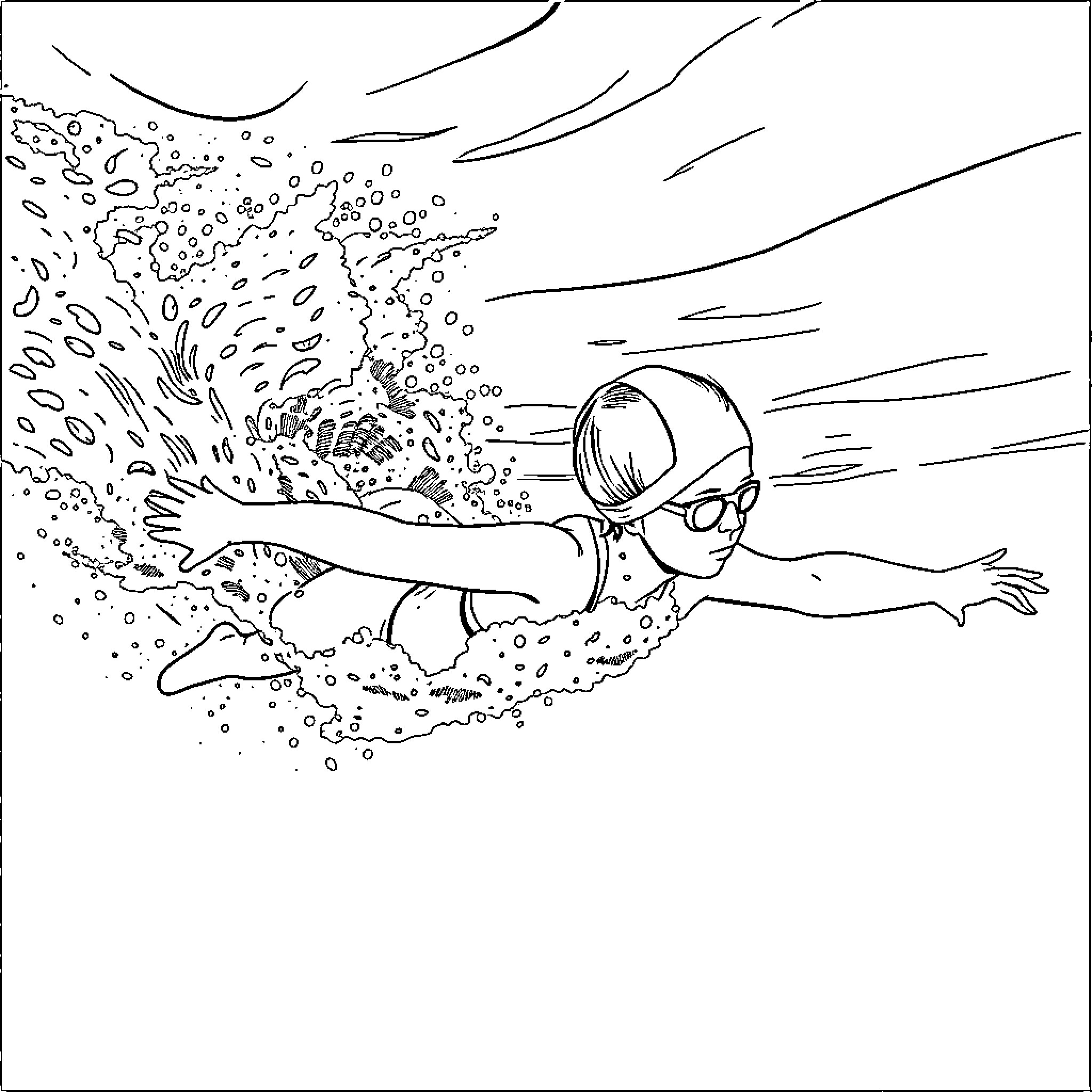 Girl swimming competitively in the water Coloring Page (free black-and-white line drawing printable PDF for all, from beginners to advanced learners, including children, teens, adults, and seniors)