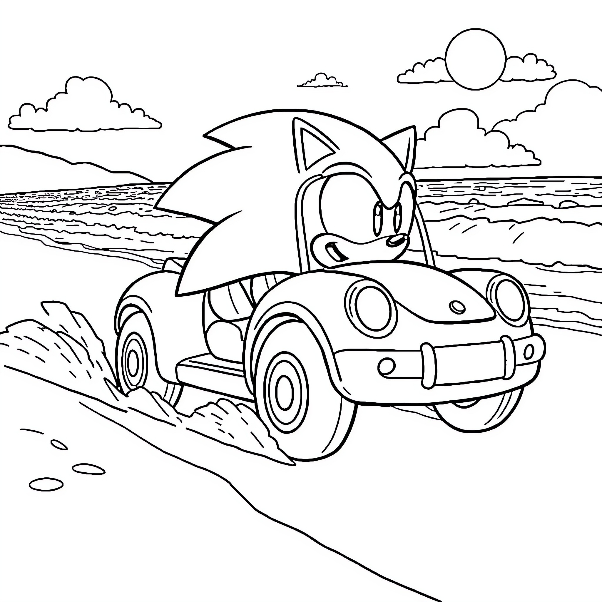 Sonic driving a car on a scenic road Coloring Page (free black-and-white line drawing printable PDF for all, from beginners to advanced learners, including children, teens, adults, and seniors)