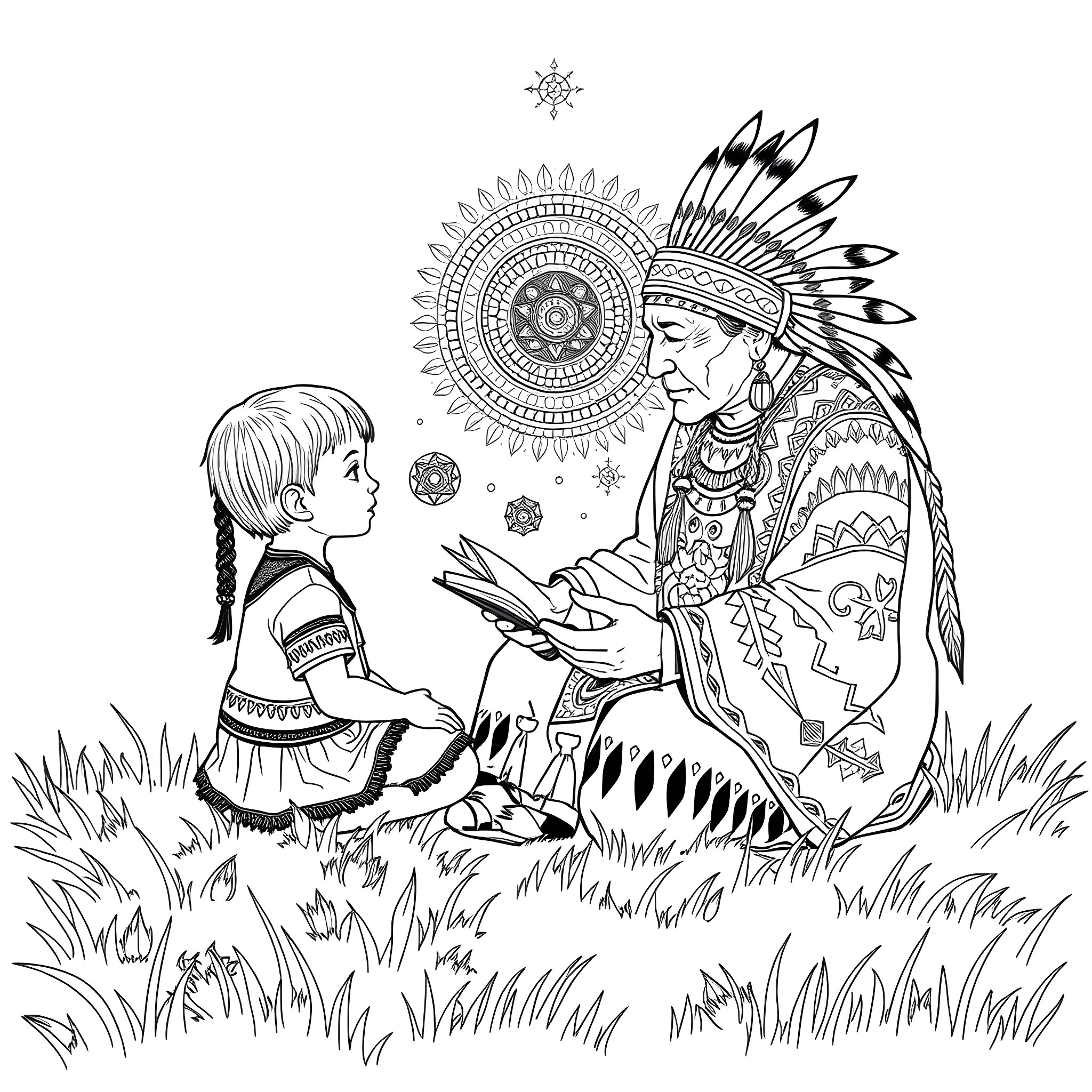 Child interacting with Native American tribal leader Coloring Page (free black-and-white line drawing printable PDF for all, from beginners to advanced learners, including children, teens, adults, and seniors)