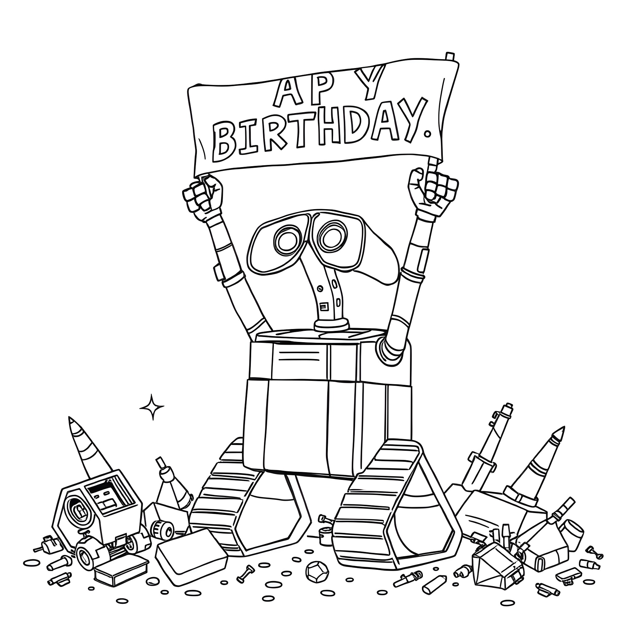 Wall-E celebrating a happy birthday with balloons and toys Coloring Page (free black-and-white line drawing printable PDF for all, from beginners to advanced learners, including children, teens, adults, and seniors)