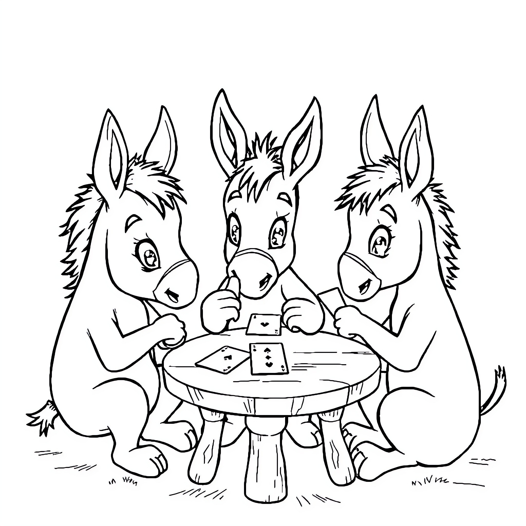 Donkeys playing together at the table Coloring Page (free black-and-white line drawing printable PDF for all, from beginners to advanced learners, including children, teens, adults, and seniors)