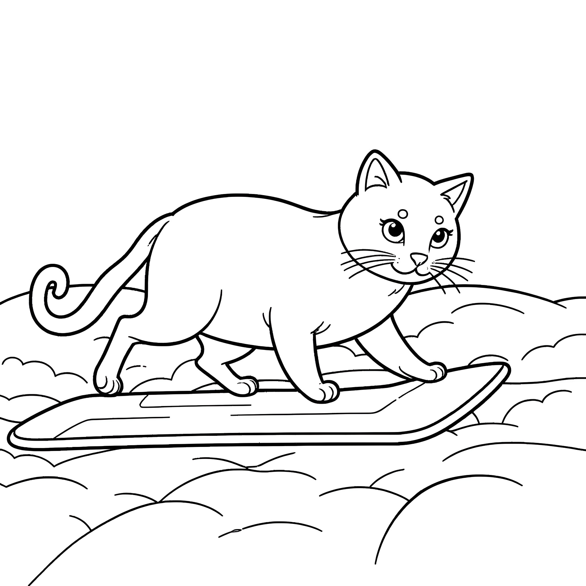 Cat surfing on waves Coloring Page (free black-and-white line drawing printable PDF for all, from beginners to advanced learners, including children, teens, adults, and seniors)