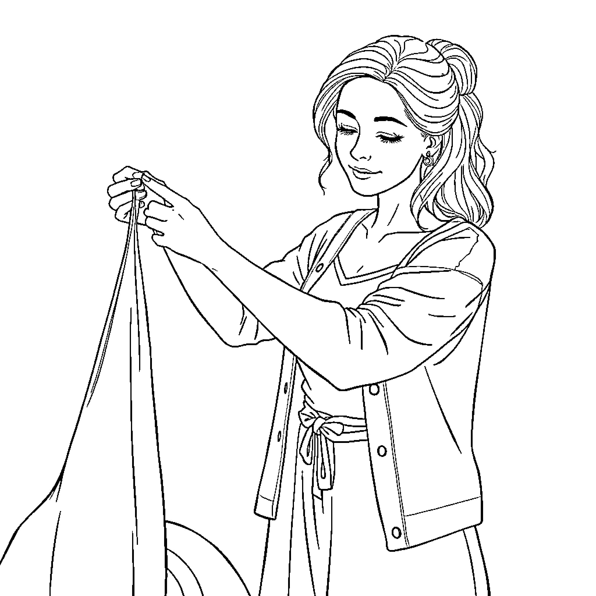 Dame admiring her intricate needlework Coloring Page (free black-and-white line drawing printable PDF for all, from beginners to advanced learners, including children, teens, adults, and seniors)