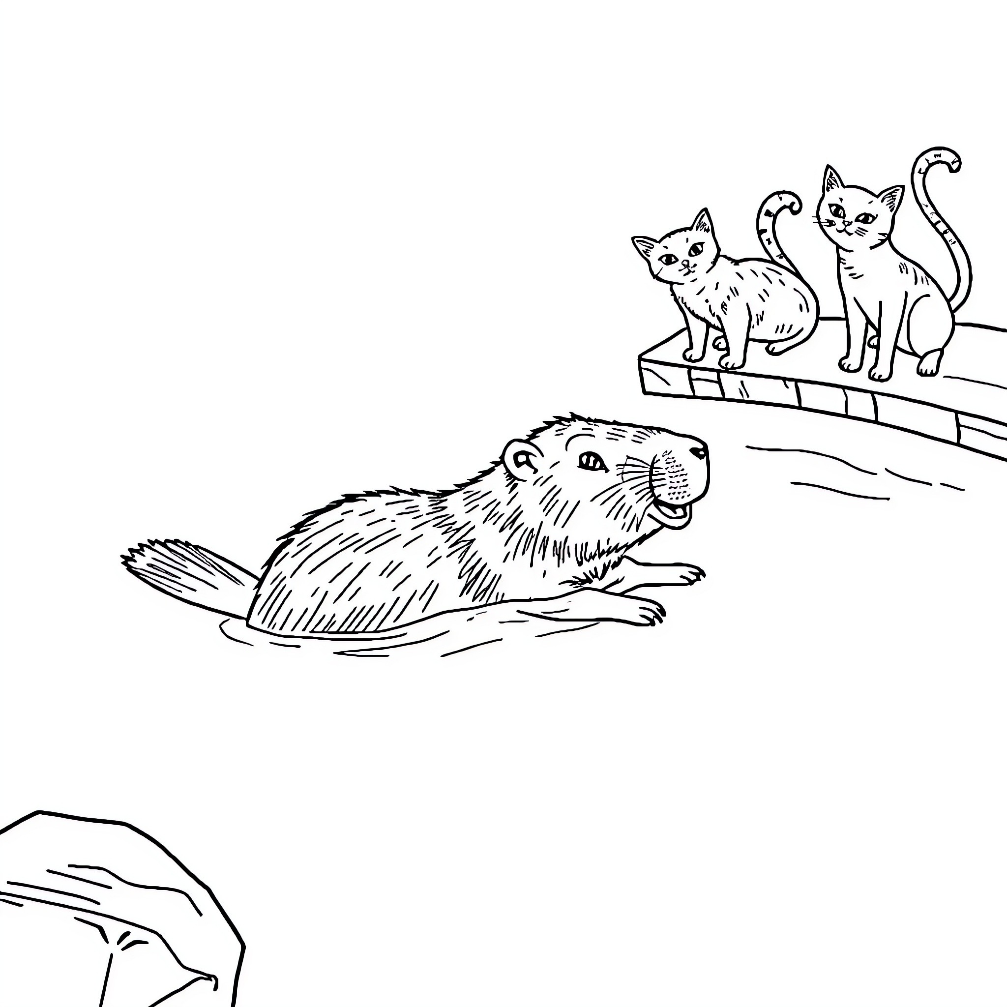 Capybara relaxing with curious cats on the dock Coloring Page (free black-and-white line drawing printable PDF for all, from beginners to advanced learners, including children, teens, adults, and seniors)