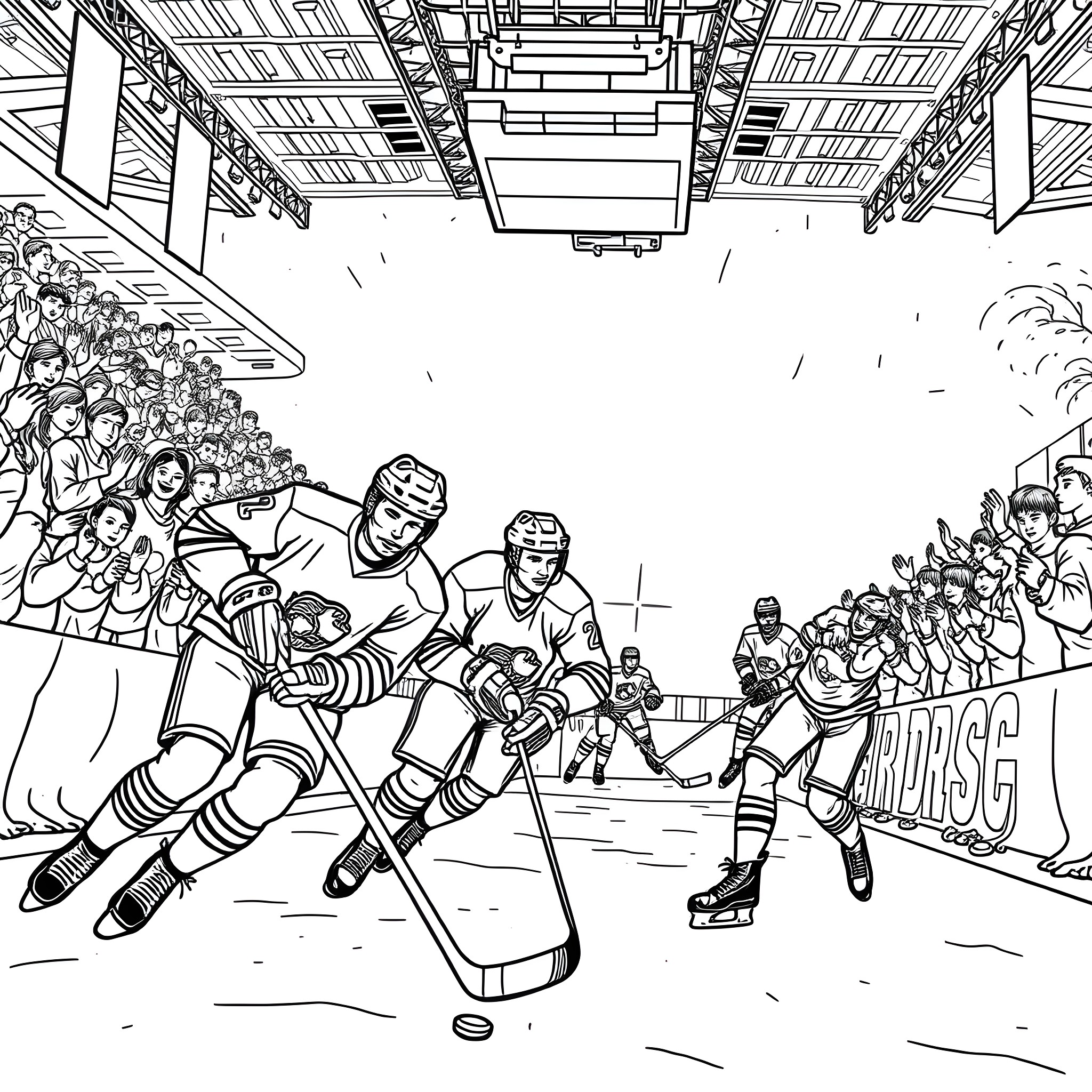 Hockey Players Competing in an Intense Match Coloring Page (free black-and-white line drawing printable PDF for all, from beginners to advanced learners, including children, teens, adults, and seniors)