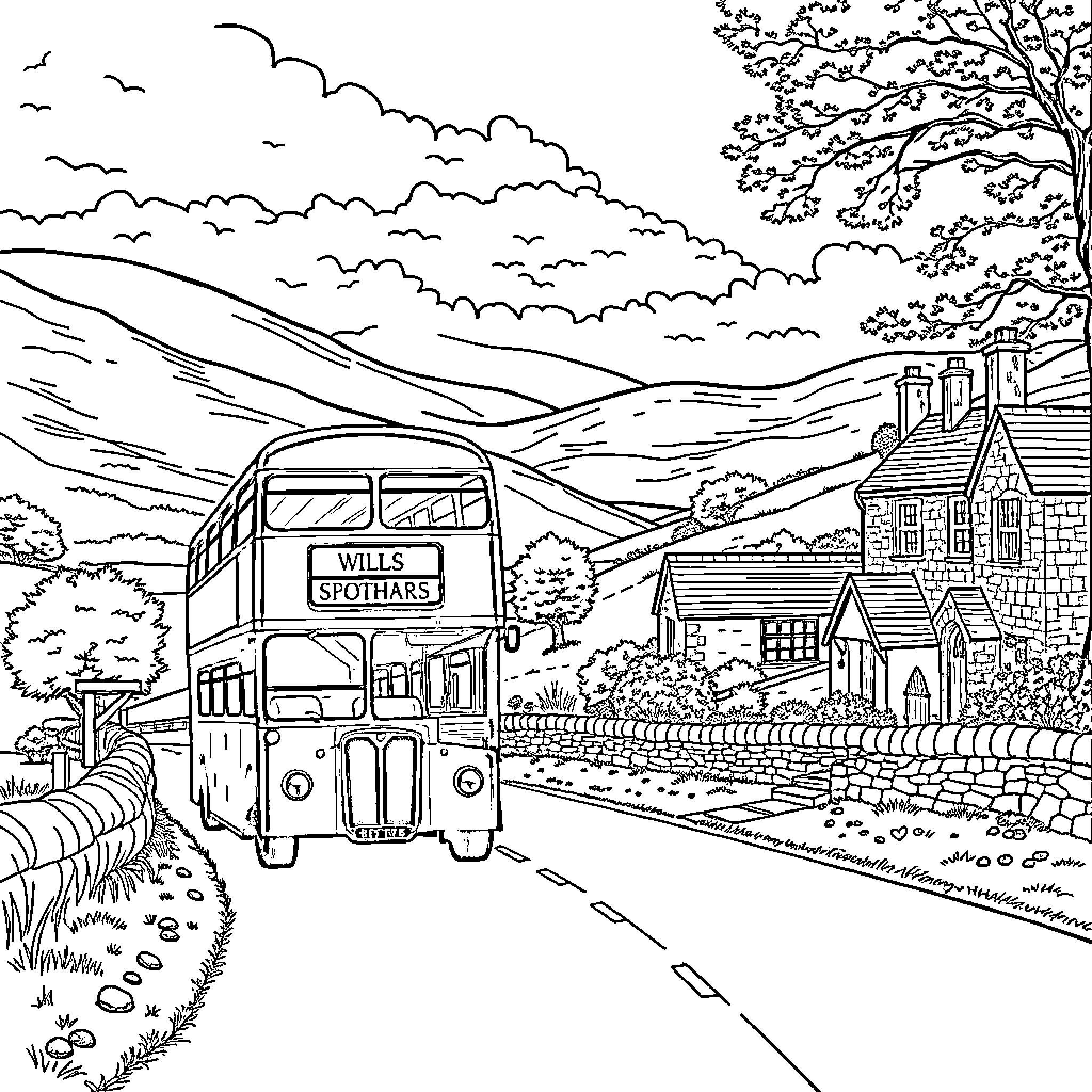 Bus driving through picturesque countryside landscape Coloring Page (free black-and-white line drawing printable PDF for all, from beginners to advanced learners, including children, teens, adults, and seniors)