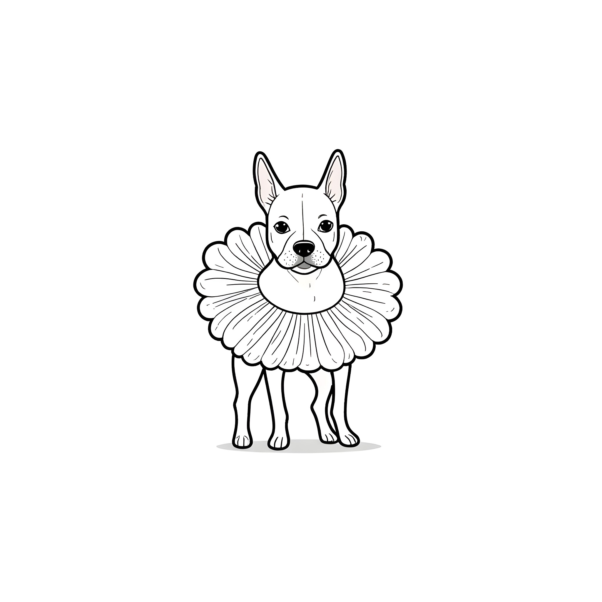 Boston Terrier wearing a flower costume Coloring Page (free black-and-white line drawing printable PDF for all, from beginners to advanced learners, including children, teens, adults, and seniors)