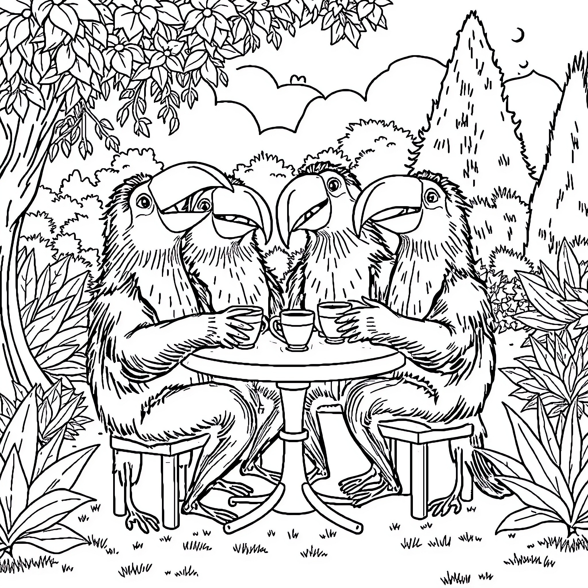 Capybara friends enjoying a cozy tea time in the forest Coloring Page (free black-and-white line drawing printable PDF for all, from beginners to advanced learners, including children, teens, adults, and seniors)