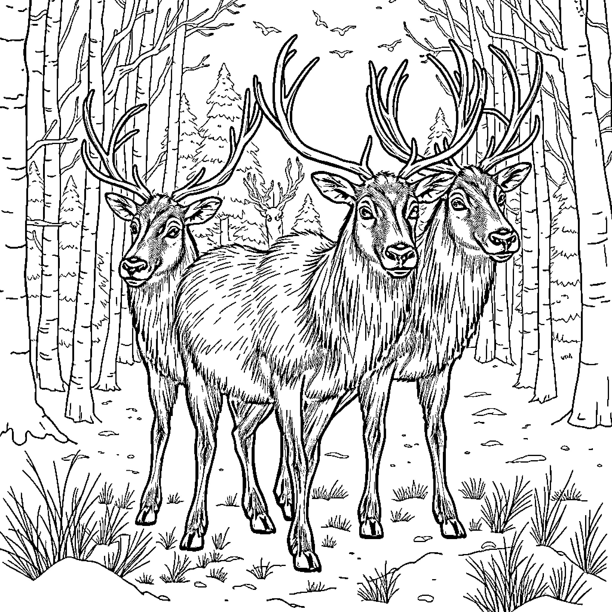 Reindeer in Snowy Forest Landscape Coloring Page (free black-and-white line drawing printable PDF for all, from beginners to advanced learners, including children, teens, adults, and seniors)