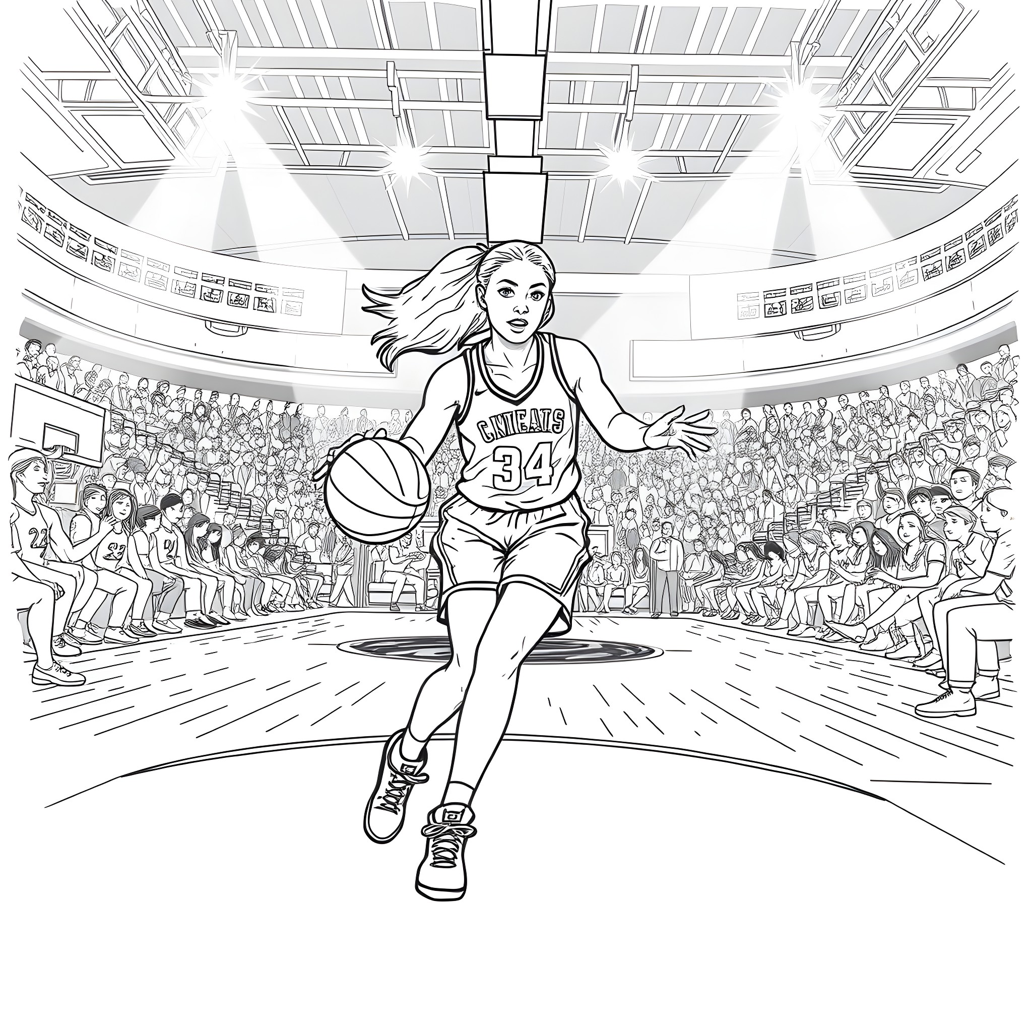 Angel Reese Dominates the Basketball Court Coloring Page (free black-and-white line drawing printable PDF for all, from beginners to advanced learners, including children, teens, adults, and seniors)