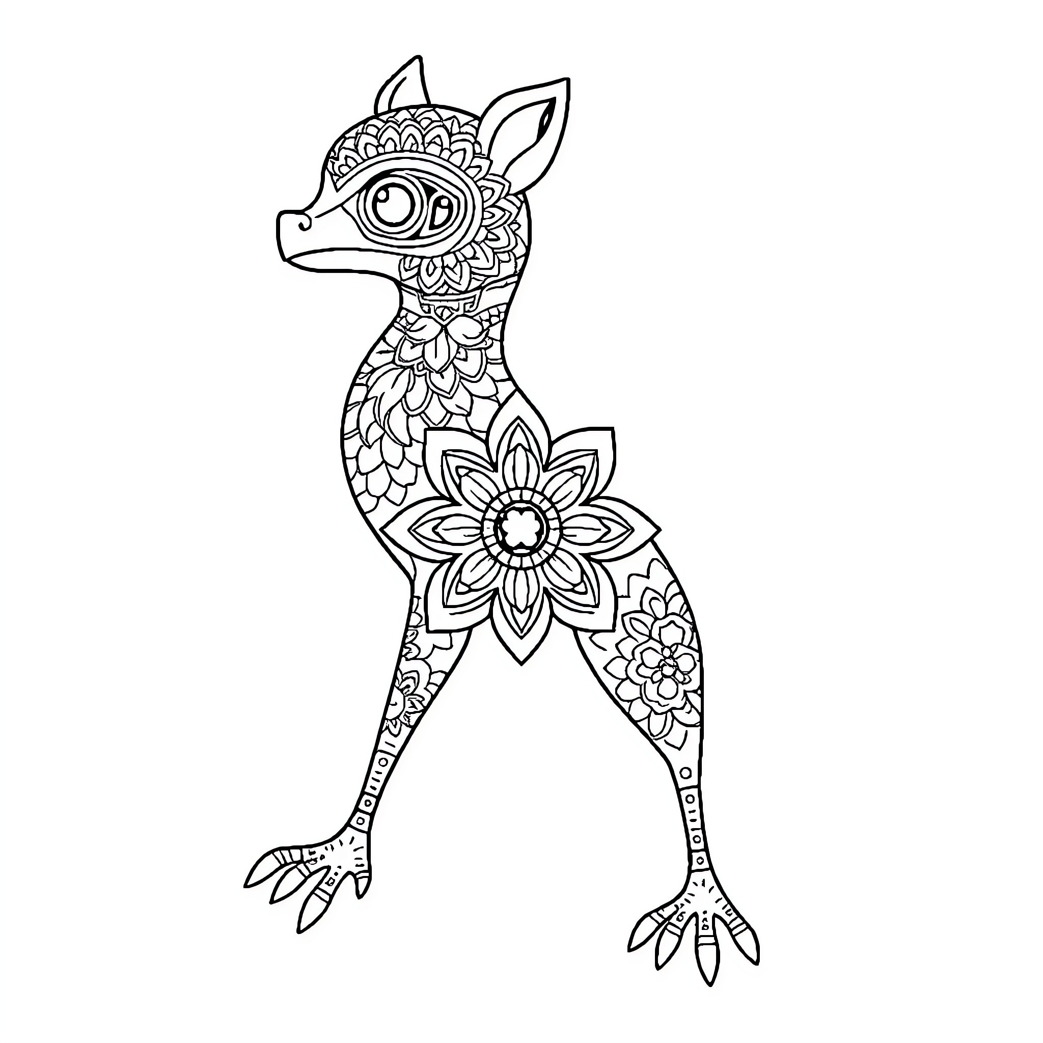 Spider-shaped animal with intricate floral designs Coloring Page (free black-and-white line drawing printable PDF for all, from beginners to advanced learners, including children, teens, adults, and seniors)
