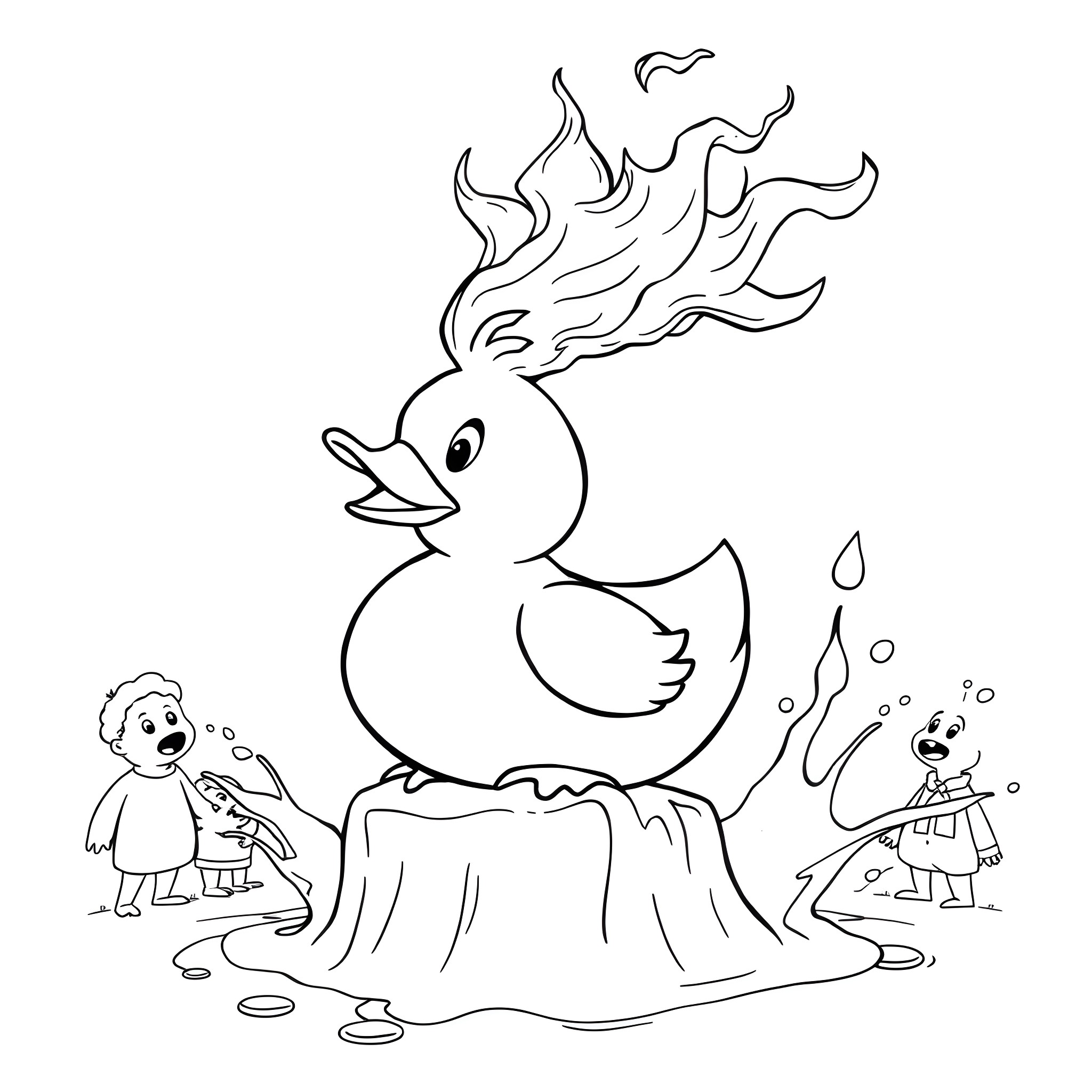 Rubber Duck Playing with Tiny People in Water Coloring Page (free black-and-white line drawing printable PDF for all, from beginners to advanced learners, including children, teens, adults, and seniors)